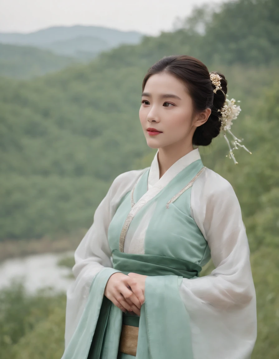 This movie features young and beautiful people.,Elegant Hanfu costumes add traditional Chinese charm,Calm expression and calm demeanor,Natural light enhances the effect,Natural and authentic atmosphere in the photo,Skin texture creates hierarchical depth in images,Natural landscapes are helpful,as a peaceful and quiet background,Emphasizes the natural beauty and authenticity of the model,Aperture range is from f/2.8-4.5 and the shutter speed is between 1/125-1/250 second