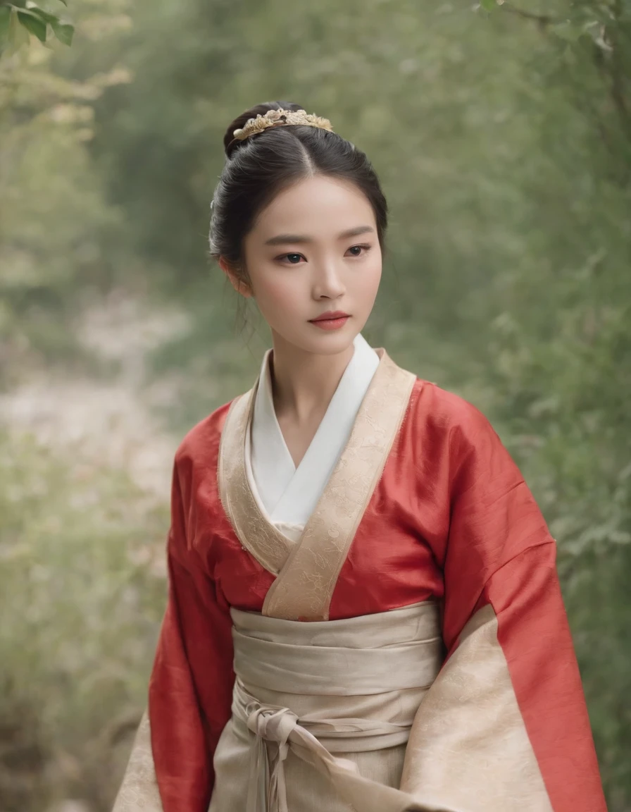 This movie features young and beautiful people.，Elegant Hanfu costumes add traditional Chinese charm，Calm expression and calm demeanor，Natural light enhances the effect，Natural and authentic atmosphere in the photo，Skin texture creates hierarchical depth in images，Natural landscapes are helpful，as a peaceful and quiet background，Emphasizes the natural beauty and authenticity of the model，Aperture range is from f/2.8-4.5 and the shutter speed is between 1/125-1/250 second