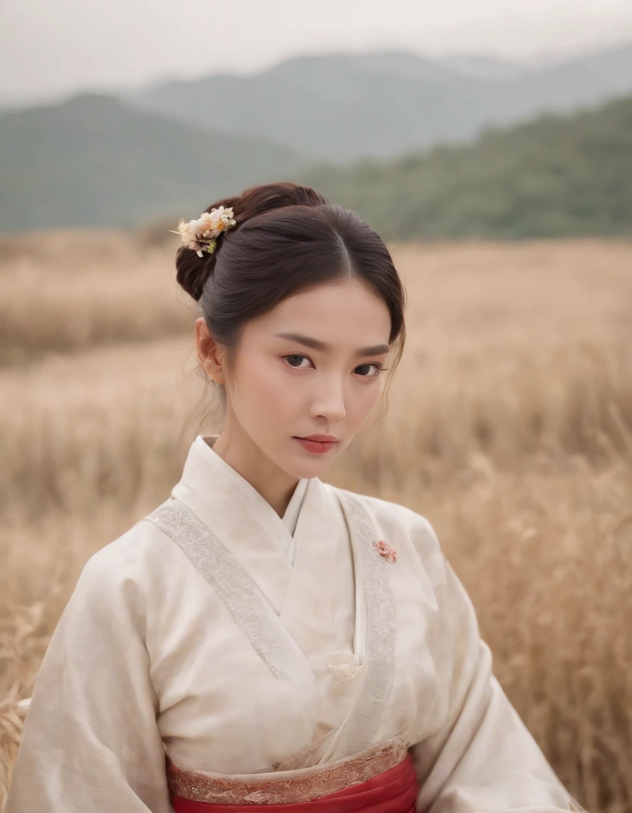 This movie features young and beautiful people.，Elegant Hanfu costumes add traditional Chinese charm，Calm expression and calm demeanor，Natural light enhances the effect，Natural and authentic atmosphere in the photo，Skin texture creates hierarchical depth in images，Natural landscapes are helpful，as a peaceful and quiet background，Emphasizes the natural beauty and authenticity of the model，Aperture range is from f/2.8-4.5 and the shutter speed is between 1/125-1/250 second