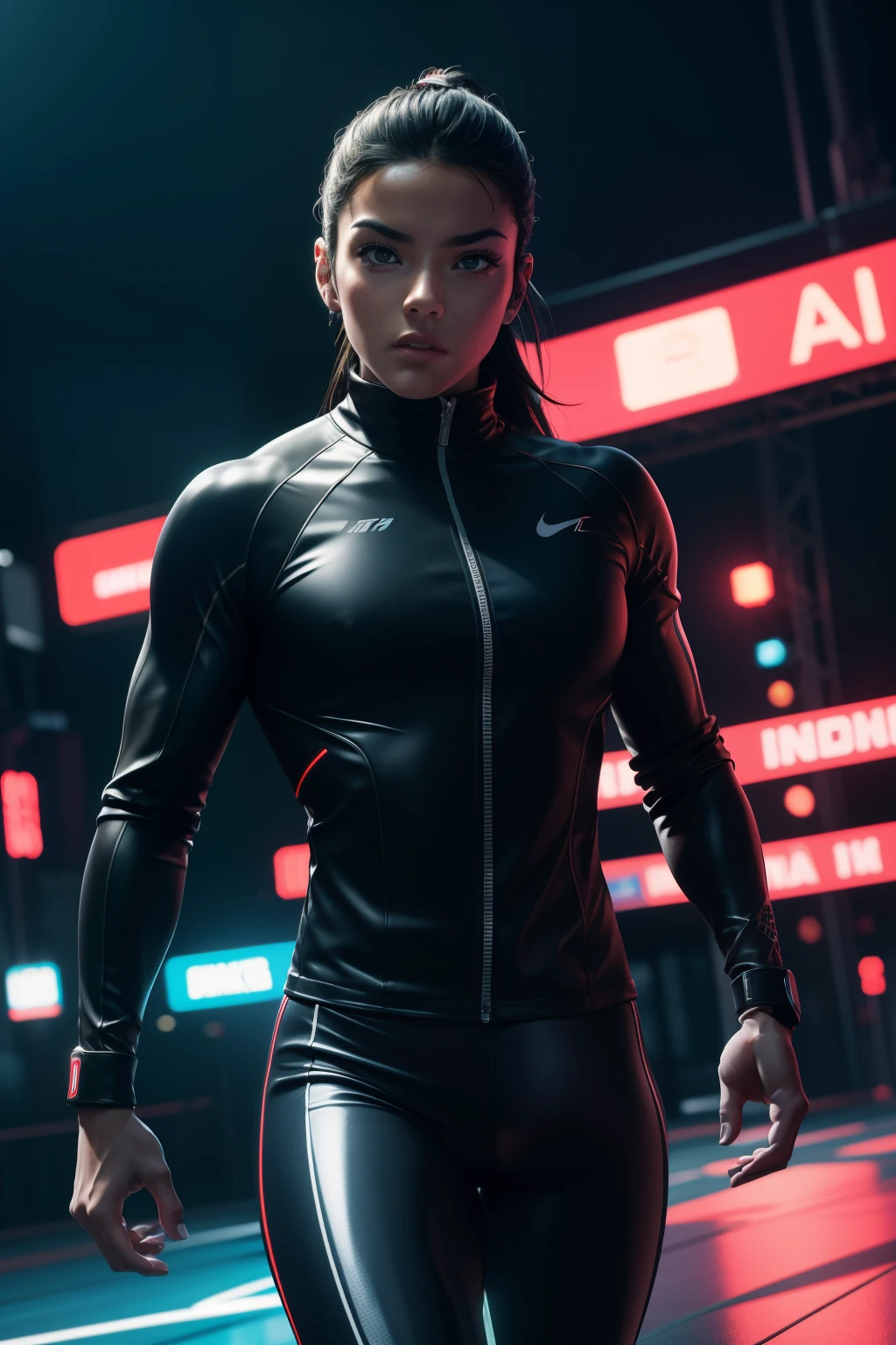 "Generate a top-quality, 8K masterpiece:1.3. A photo of an impassioned, determined athlete sprinting, clad in sleek, futuristic sportswear, on a futuristic cityscape background taken with an ultra-wide 14mm camera lens. The scene showcases highly detailed textures, dynamic skin tones, and utilizes futuristic neon lighting for a cyberpunk ambiance."