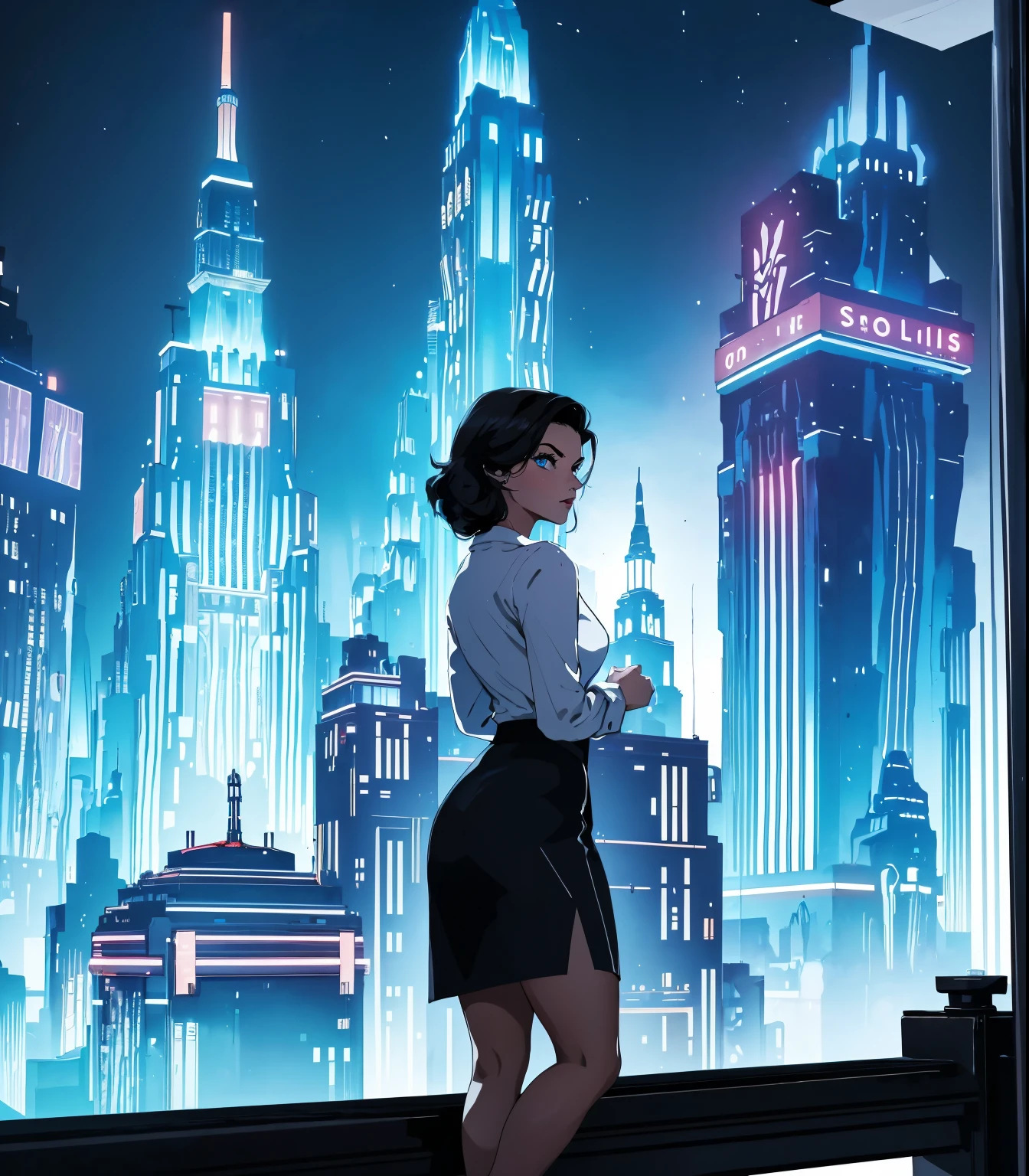 lizoldBS_soul3142, 1girl, black hair, city, cityscape, blue eyes, makeup, lipstick, solo, looking at viewer, skyscraper, building, short skirt, science fiction, night,