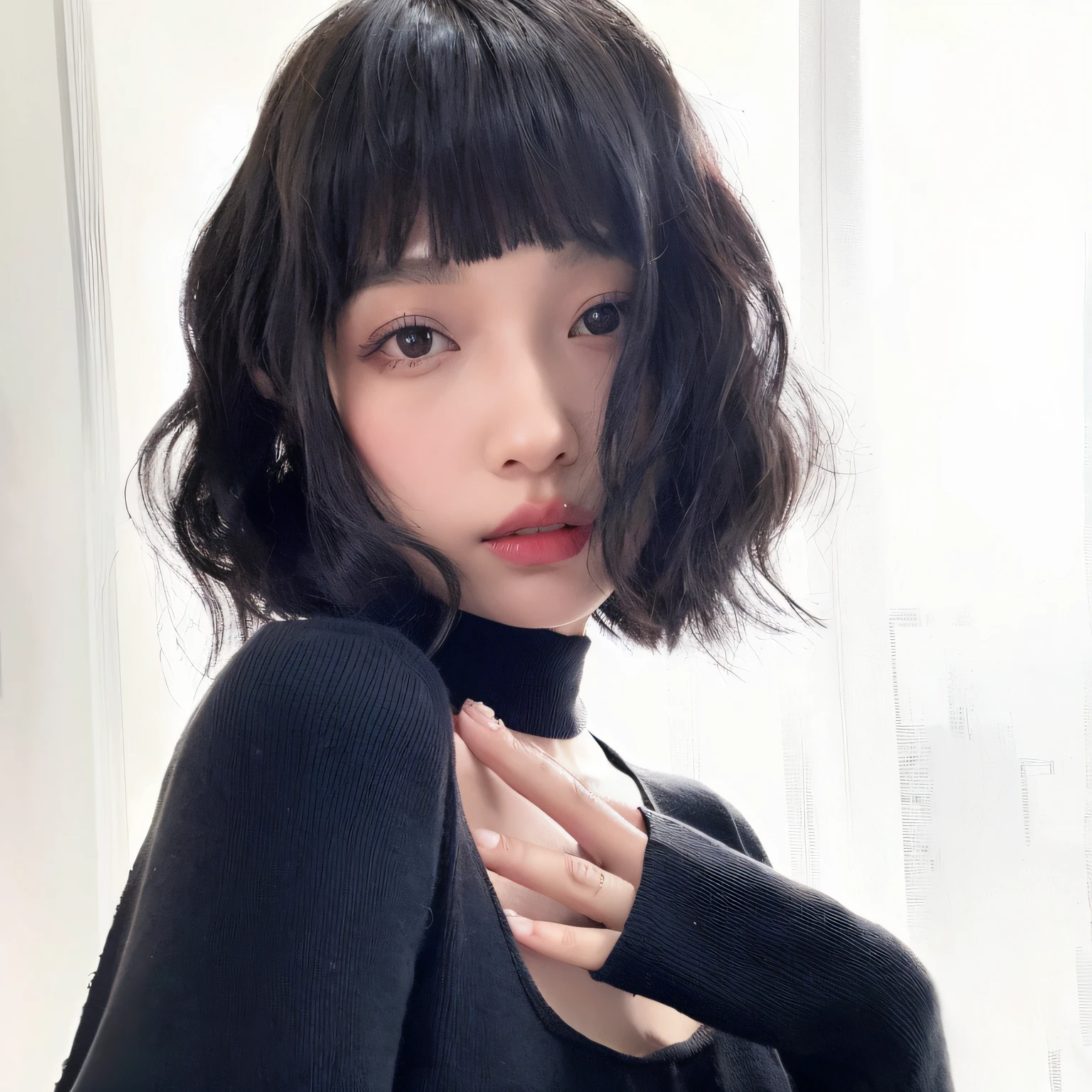 There is a woman wearing a black top and black collar, Short hair details, Kurohime cuts hair, Qi bangs short hair, Urzans, hime-cut, Qi bangs hair, chiho, Black bangs wavy hair, Bagel hair style, hair blackbangs hair, She has black hair,With bangs, black bob hair,add a little hair
