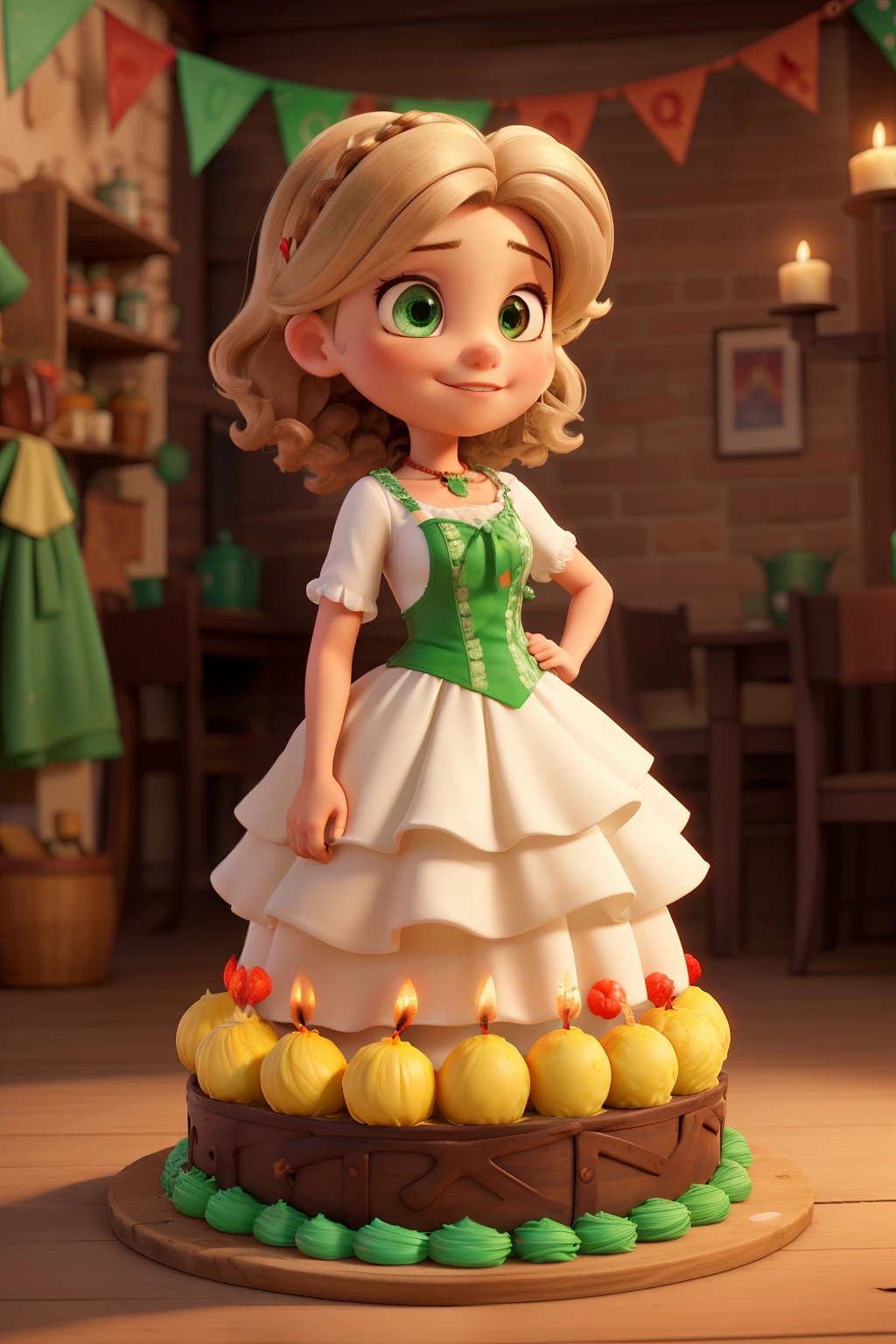 Generates a girl dressed in a white Mexican style dress, blonde brown hair and brown eyes, with a lit candle in the shape of 8 years with a three-tier cake in green and red colors that has the name of Chiara on a table, con los colores de la bandera mexicana, en una fiesta decorada al estilo mexicano