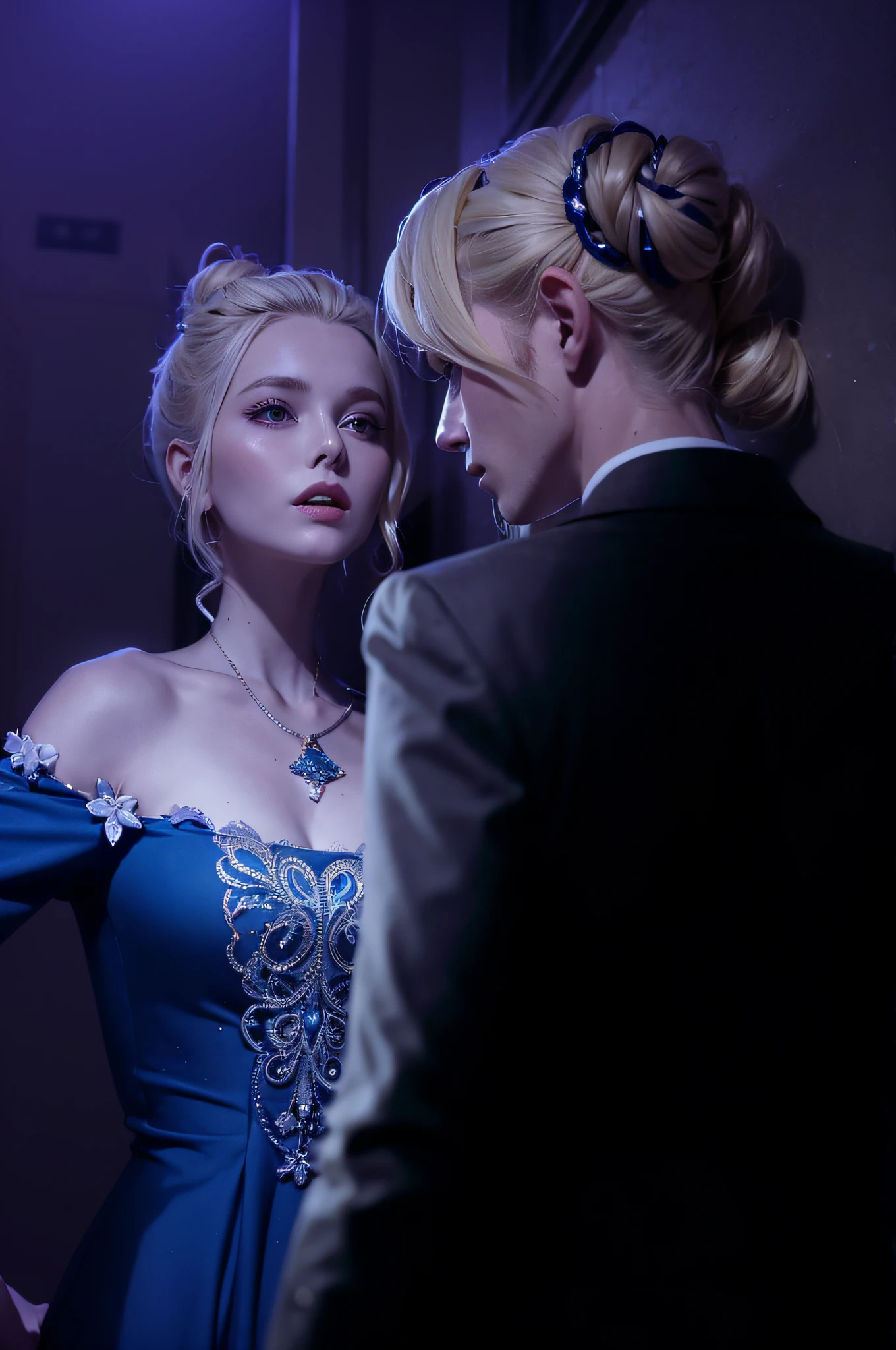 blonde with a bun in a blue off-shoulder dress and blond, He turned his back, Night lighting, moon light