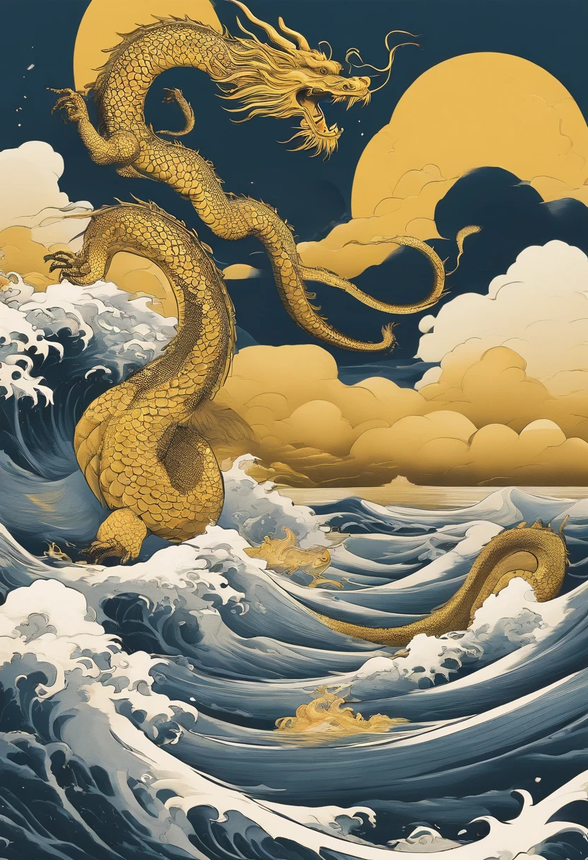 This ukiyo-e style poster design features a yellow ocean, Yellow Chinese dragon in ink painting, and a combination of dragons, As a water god, Dragon King, Living in the North Sea, Control thunderstorms at sea,Soaring in the sea of clouds,an ancient Chinese god, turtle, drank, The large, Stony, Super sharp,Realistic details,Auspicious clouds, depth of fields, Divine Thunder, fantasy coloring, romanticism lain, artistic décor, 电影灯光, depth of fields, spark of light, god light, ray traycing, ultra-wide-angle, first person perspective, wide wide shot, hyper HD, high high quality, high detal, ctextured skin, Best quality