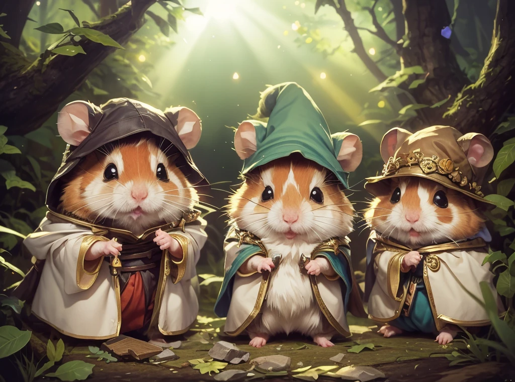 final fantasy style hamster,((hamster adventurer)),masterpiece,top-quality,Fluffy hamsters,Chibi,cute little,Futebutesi,A delightful,Happiness,adventurer'Hat and cloak,forest at night,,abajour,magical forest:natta,Anatomically correct,All the best,Beautiful fur,little hamster,The cutest hamster,,Mirror the whole,Fantasia,