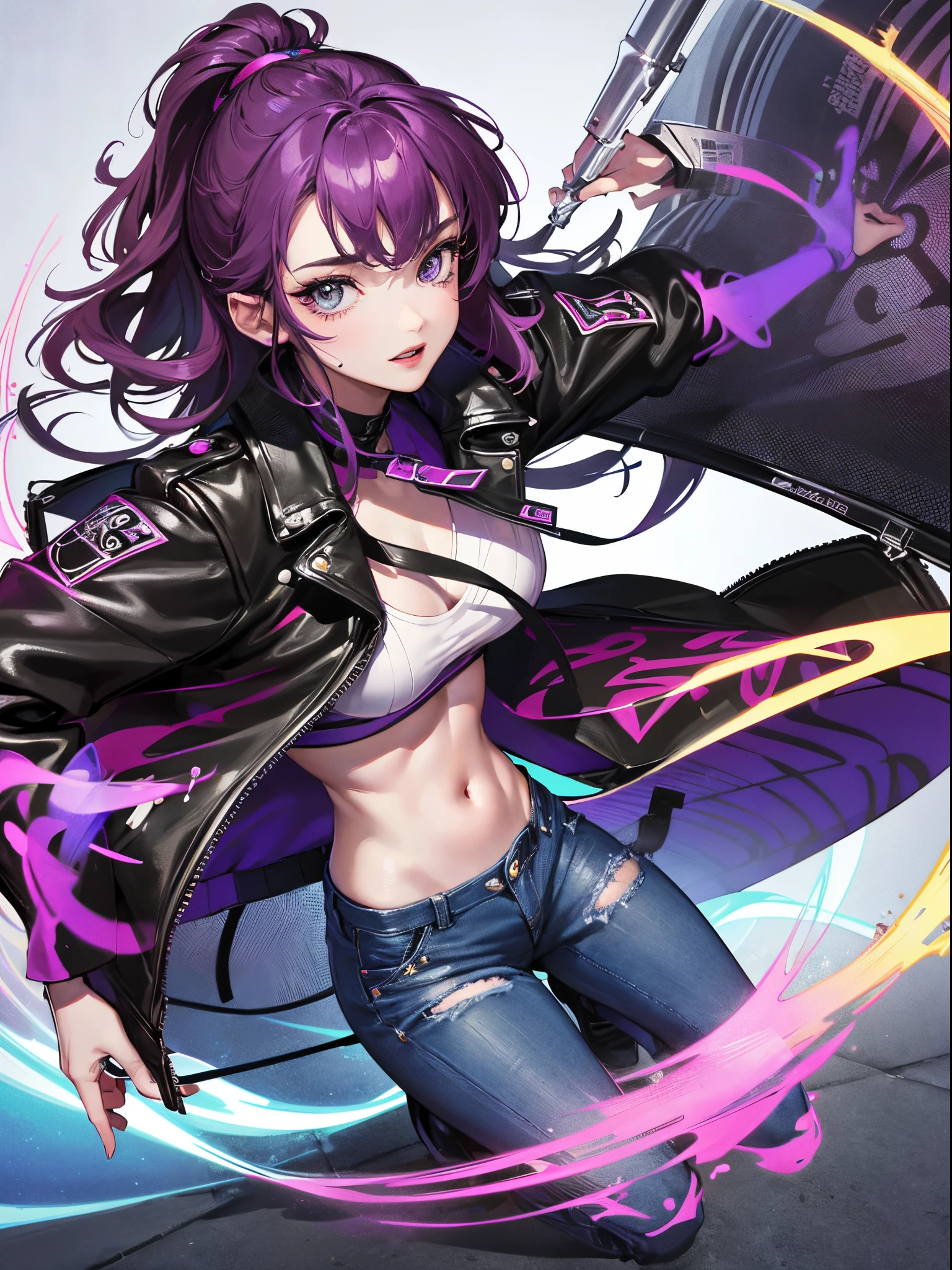 purple and black keynote、Vibrant colors、((masterpiece)))、(((top-quality)))、((ultra-detailliert))、(A hyper-realistic)、(highly detailed CGillustration)、Official art、CD cover、It will be、Stylish、glorious 1980s、Mid summer、Shade、Cool Beauty、cochetti gorgeous、matchless beauty、leather jackets、jeans、Female Solo、Perfect Angle、perfect-composition、full body Esbian