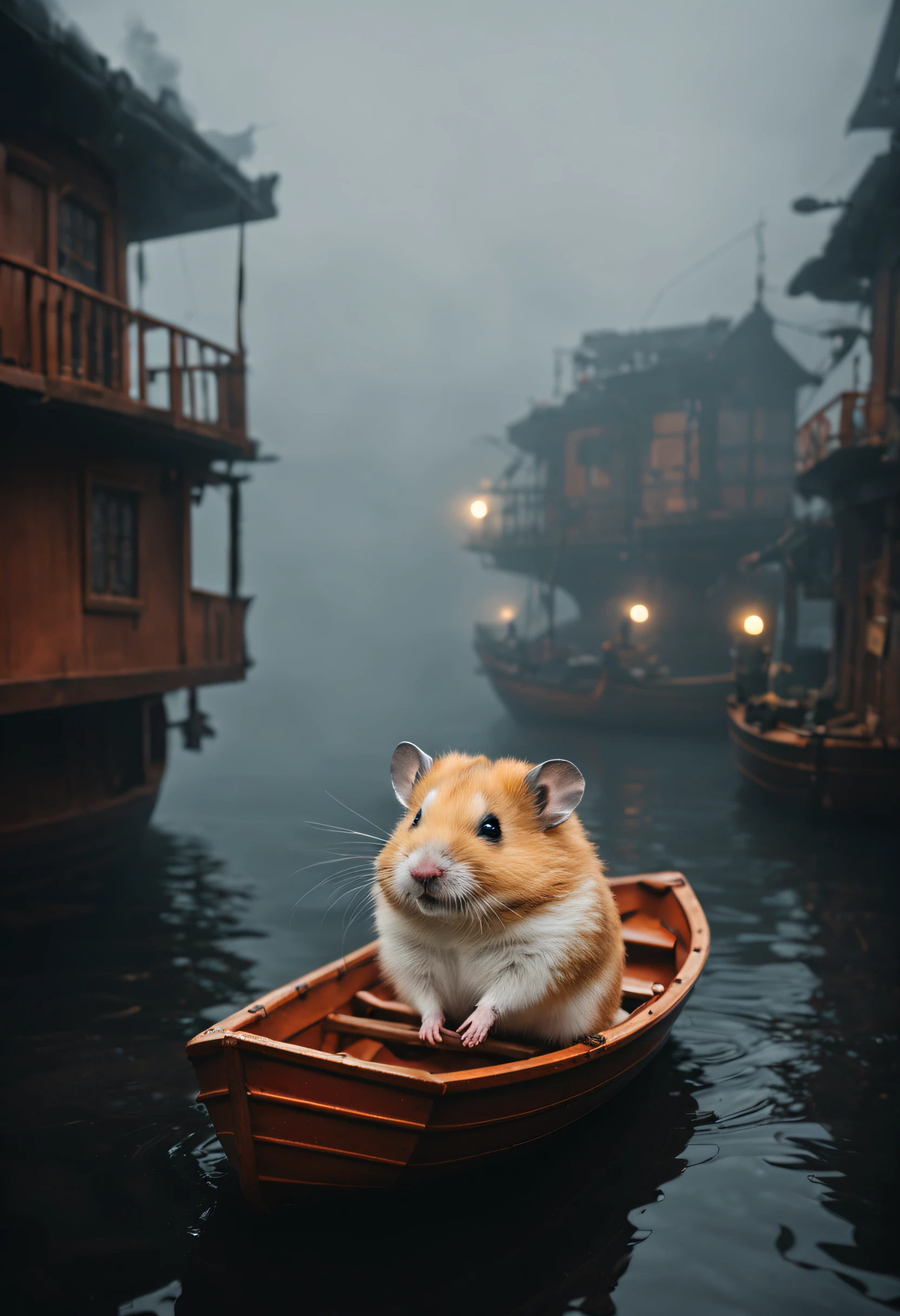On the foggy sea，Hamster on the boat，Felicia Simien and Studio Ghibli-style minimalist photography《adventuring》，Maximalism，fine art，电影灯光，negative space，Dark art，ultra-realistic realism
