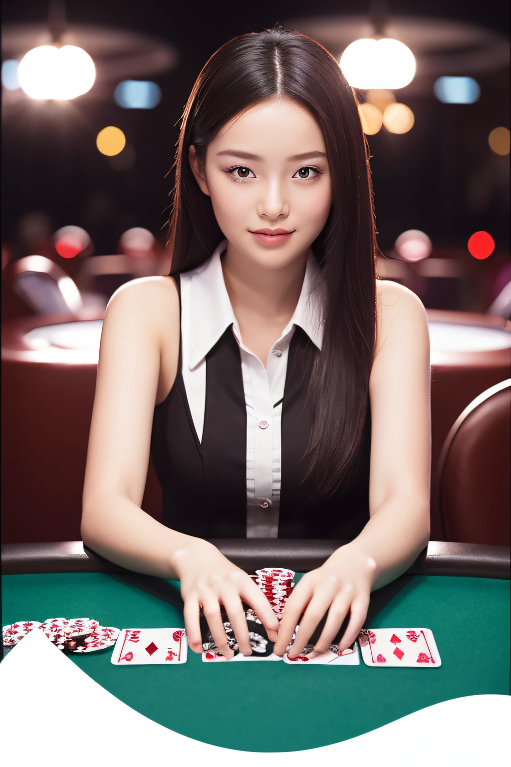 girl dealing poker cards, girl looking forward, transparent_background