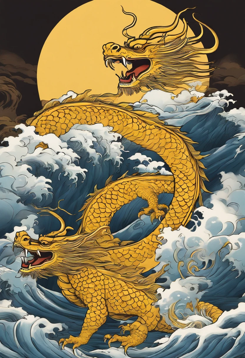 This ukiyo-e style poster design features a yellow ocean, Yellow Chinese dragon in ink painting, and dragon combination, As a water god, Dragon King, Living in the North Sea, Control thunderstorms at sea,Soaring in the sea of clouds,an ancient Chinese god, turtle, drank, bigger, Stony, Super sharp,Realistic details,Auspicious clouds, depth of fields, Divine Thunder, fantasy coloring, romanticism lain, artistic décor, 电影灯光, depth of fields, spark of light, god light, Ray traching, ultra-wide-angle, first person perspective, wide wide shot, hyper HD, high high quality, high detal, ctextured skin, Best quality at best
