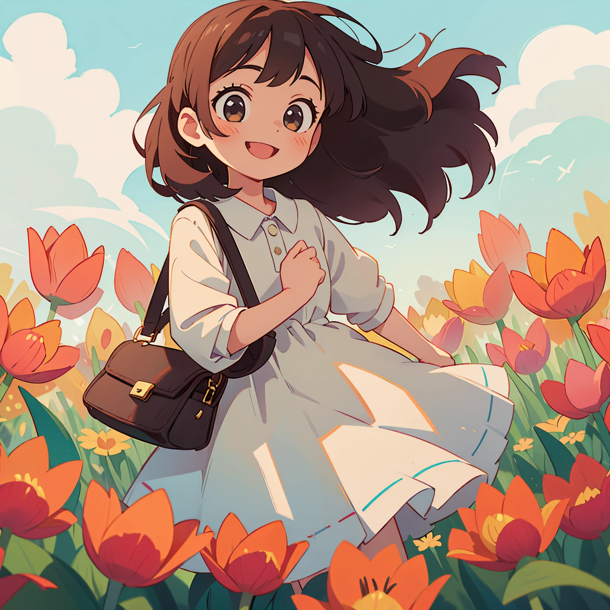 Only one girl, 1girl, wearing a summer dress, at tulip field, smile, carry a handbag