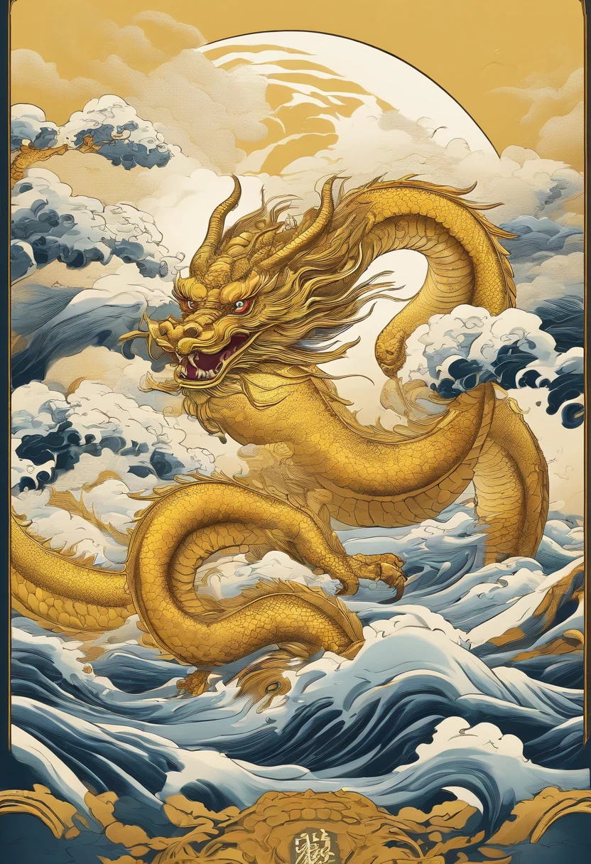 This ukiyo-e style poster design features a yellow ocean, Yellow Chinese dragon in ink painting, and a combination of dragons, As a water god, Dragon King, Living in the North Sea, Control thunderstorms at sea,Soaring in the sea of clouds,an ancient Chinese god, turtle, drank, The large, Stony, Super sharp,Realistic details,Auspicious clouds, depth of fields, Divine Thunder, fantasy coloring, romanticism lain, artistic décor, 电影灯光, depth of fields, spark of light, god light, ray traycing, ultra-wide-angle, first person perspective, wide wide shot, hyper HD, high high quality, high detal, ctextured skin, Best quality