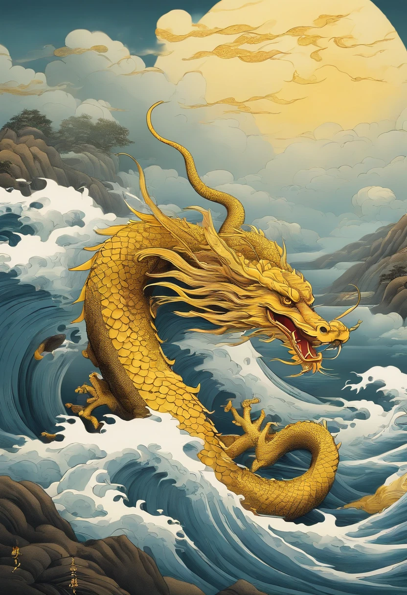 This ukiyo-e style poster design features a yellow ocean, Yellow Chinese dragon in ink painting, and a combination of dragons, As a water god, Dragon King, Living in the North Sea, Control thunderstorms at sea,Soaring in the sea of clouds,an ancient Chinese god, turtle, drank, The large, Stony, Super sharp,Realistic details,Auspicious clouds, depth of fields, Divine Thunder, fantasy coloring, romanticism lain, artistic décor, 电影灯光, depth of fields, spark of light, god light, ray traycing, ultra-wide-angle, first person perspective, wide wide shot, hyper HD, high high quality, high detal, ctextured skin, Best quality