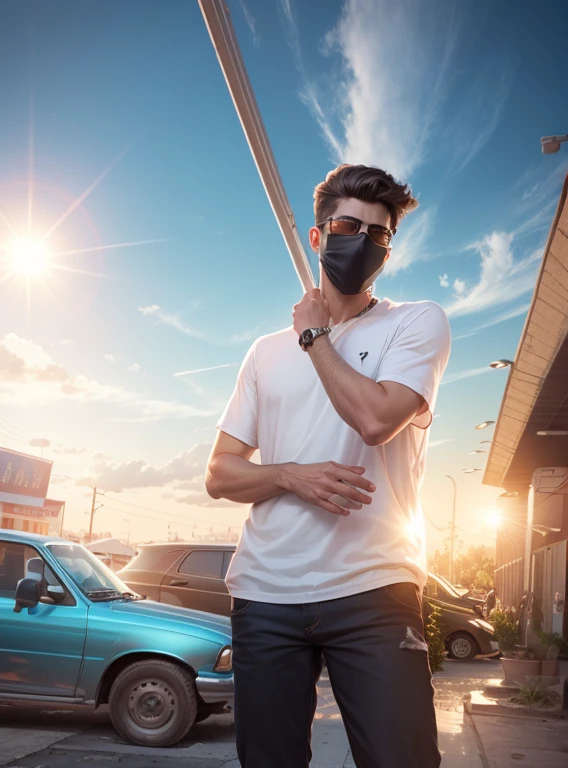 Change background, 3d background, stylish boy, in public place realistic, smooth, sunglass, clean hand