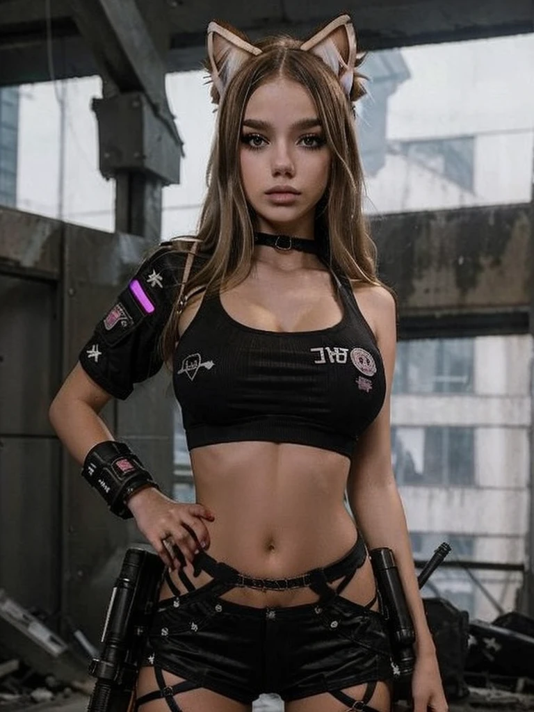 18 year old girl ((Seltin Sweety)) with blond hair, patches with radioactive emblems, in a apocalyptic ruin with guns next to them, cyberpunk helmets next to them, wearing Cat ears, hand guns on side, ripped clothes reveal part of breast, very short tops show bottom part of breast, one carrying a cyberpunk gun, cyberpunk theme, her top is short showing just the under part of her breasts ((underboob)), petite huge tit, short. Can you generate a cleaner image by using stronger noise reduction techniques?