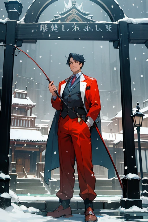 A handsome man in Tang suit holding a fishing pole in front of the courtyard gate，It&#39;s snowing outside，style of anime