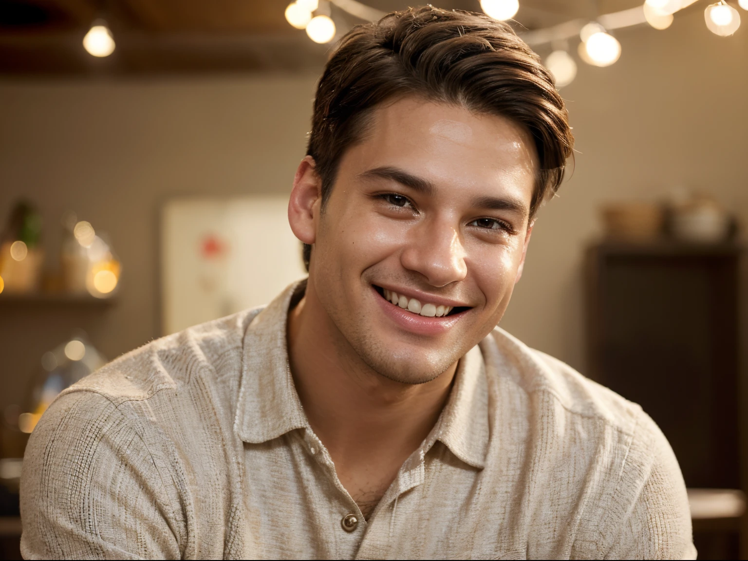 (best quality,realistic),happy man,laughing face,smiling,joyful expression,warm lighting,portrait, vivid colors,beautifully textured skin,charming and radiant,sparkling eyes,perfectly shaped lips, clean-shaven, stylish haircut,fashionable attire,confident posture,casual background, energetic and dynamic vibe,bokeh effect