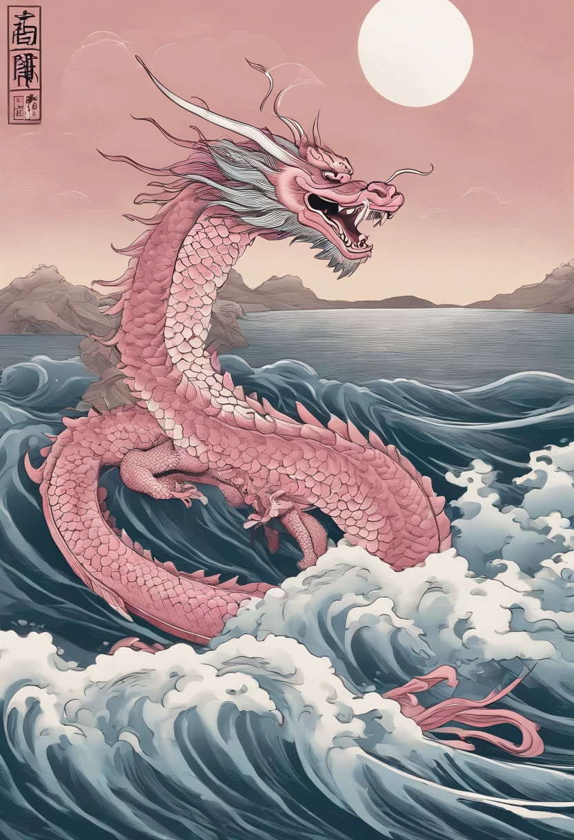 This ukiyo-e style poster design features a pink ocean, Pink Chinese dragon in ink painting, and dragon combination, As a water god, Dragon King, Living in the North Sea, Control thunderstorms at sea,Soaring in the sea of clouds,an ancient Chinese god, turtle, drank, bigger, Stony, Super sharp,Realistic details,Auspicious clouds, depth of fields, Divine Thunder, fantasy coloring, romanticism lain, artistic décor, 电影灯光, depth of fields, spark of light, god light, Ray traching, ultra-wide-angle, first person perspective, wide wide shot, hyper HD, high high quality, high detal, ctextured skin, Best quality at best