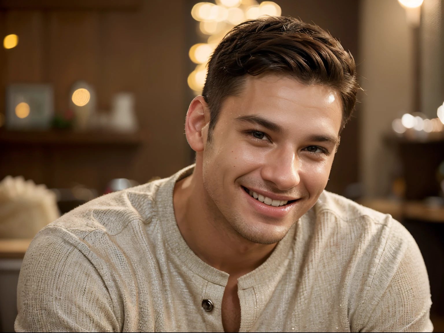 (best quality,realistic),happy man,laughing face,smiling,joyful expression,warm lighting,portrait, vivid colors,beautifully textured skin,charming and radiant,sparkling eyes,perfectly shaped lips, clean-shaven, stylish haircut,fashionable attire,confident posture,casual background, energetic and dynamic vibe,bokeh effect