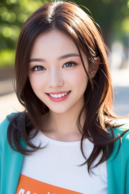 City pop woman, dark hair, loose hair, smiling face, masterpiece, top quality, super detailed, super detailed, 4K, 8K, ((clearly drawn face)), (beautiful detailed eyes, super detailed skin))