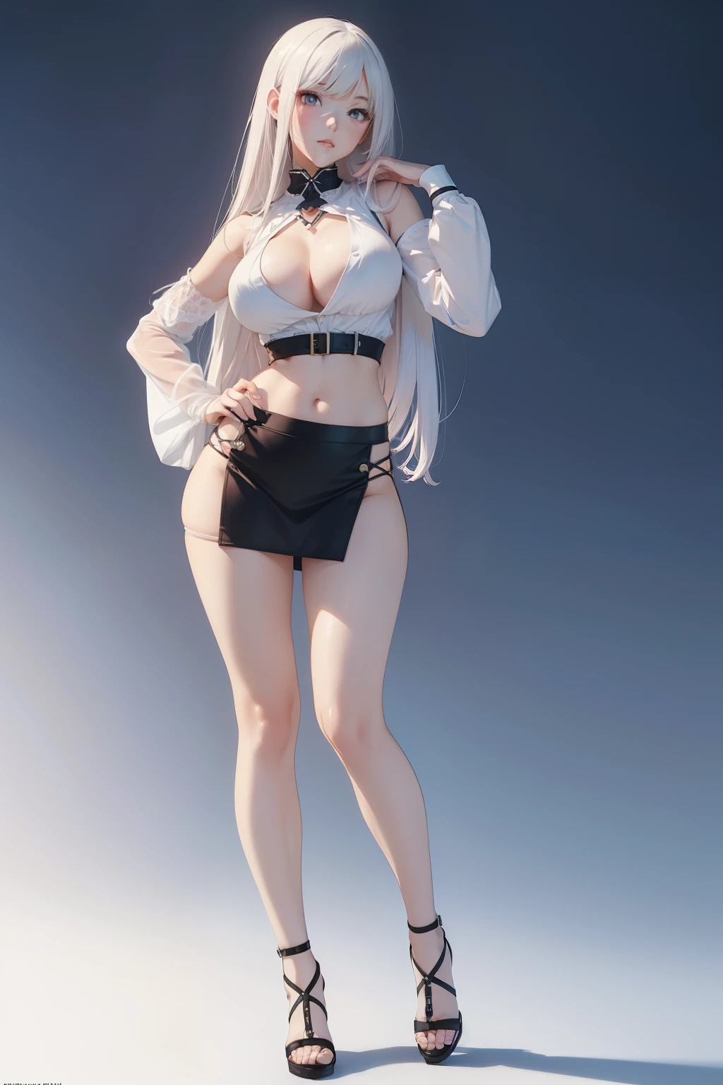 ((masterpiece, best quality, ultra-detailed, ultra-HD, photorealistic, cinematic)), alluring anime girl, average height, (surrealism), (wide shot, full body view:1.5), perfect body, sexy body, perfect face, perfect hands, delicate face, (large cleavage), round ass, long round legs, anime - style image of a woman in a short silken mini skirt and white shirt, seductive anime girl, range murata and artgerm, extremely detailed artgerm, ilya kuvshinov and artgerm, krenz cushart and artgerm, leeloo sexy outfit, photorealistic anime girl render, (snow white hair), (sensual pose, hands in the waist), (gradient background:1.2), black eyes, detailed pupils, rosy lips, blushing, slightly parted lips, (revealing outfit), (navel), thicc