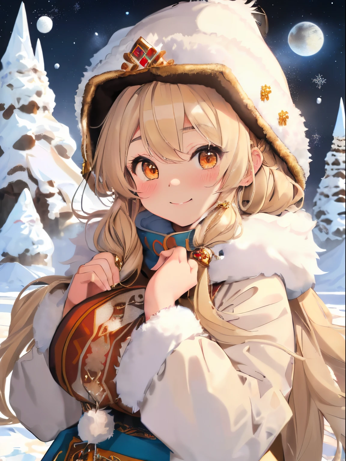 (Fluffy long blonde hair),(Curled Hair),((Thin blonde hair)),((Brown eyes)),(Mongolian winter folk costumes),((Fluffy volume bohemian winter clothes)),((eskimo hat)),(A place like Antarctica covered in ice),(Lots of cute animals such as penguins and seals),(Cute pose with both hands on cheeks),(Cute smile),((My cheeks are red from the cold)),