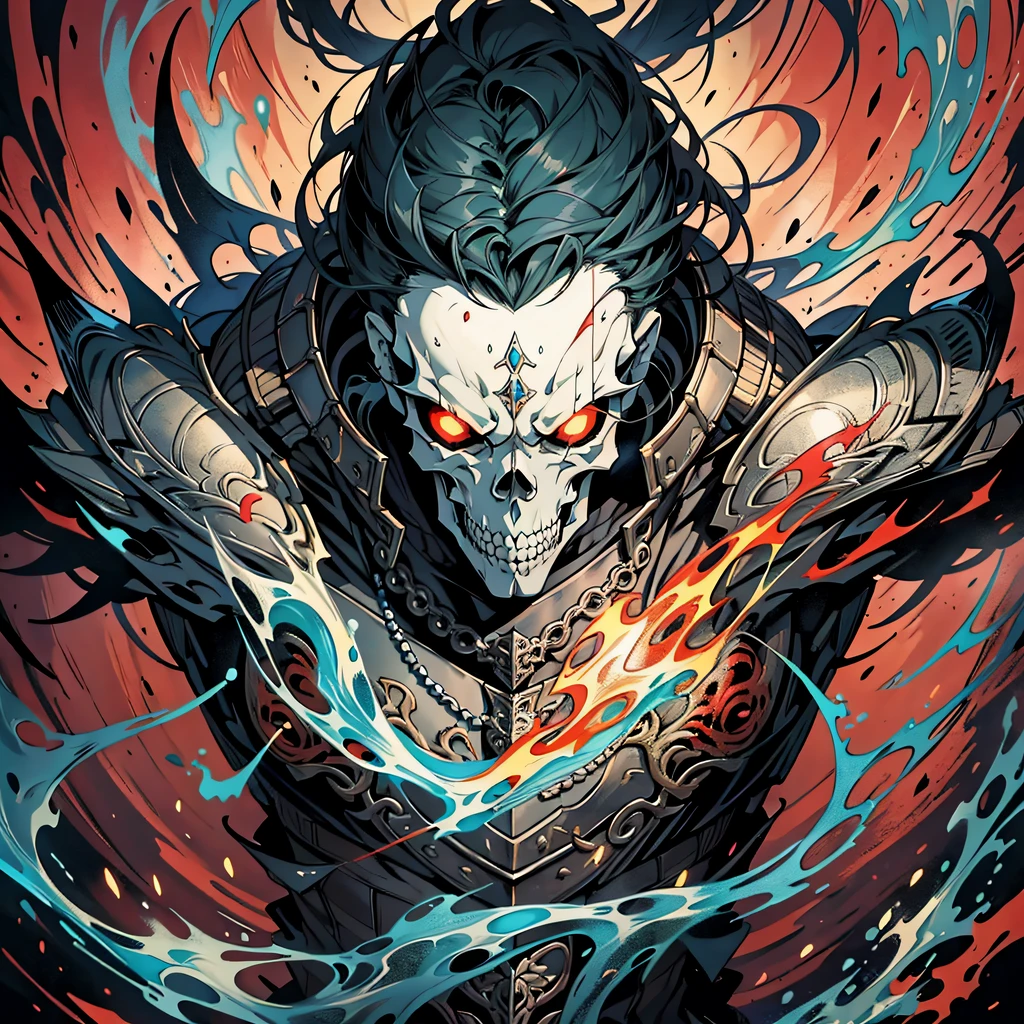 An anime poster featuring a dark male skull， evil and dangerous， The armor on the upper body is intricate，Skull jewelry and necklace decoration， Slim down，Fierce and hollow flame eyes，he crosses his arms，A large number of blue flaming skulls surround the soul，flowing effect， fundo vermelho，the visual stunning shock， The art of demons， real human skull，Comic book style art， Light red and light black，Action painting