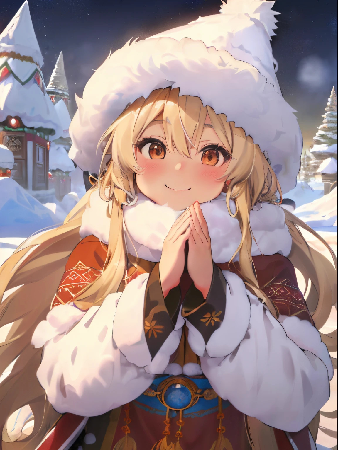 (Fluffy long blonde hair),(Curled Hair),((Thin blonde hair)),((Brown eyes)),(Mongolian winter folk costumes),((Fluffy volume bohemian winter clothes)),((eskimo hat)),(A place like Antarctica covered in ice),(Lots of cute animals such as penguins and seals),(Cute pose with both hands on cheeks),(Cute smile),((My cheeks are red from the cold)),