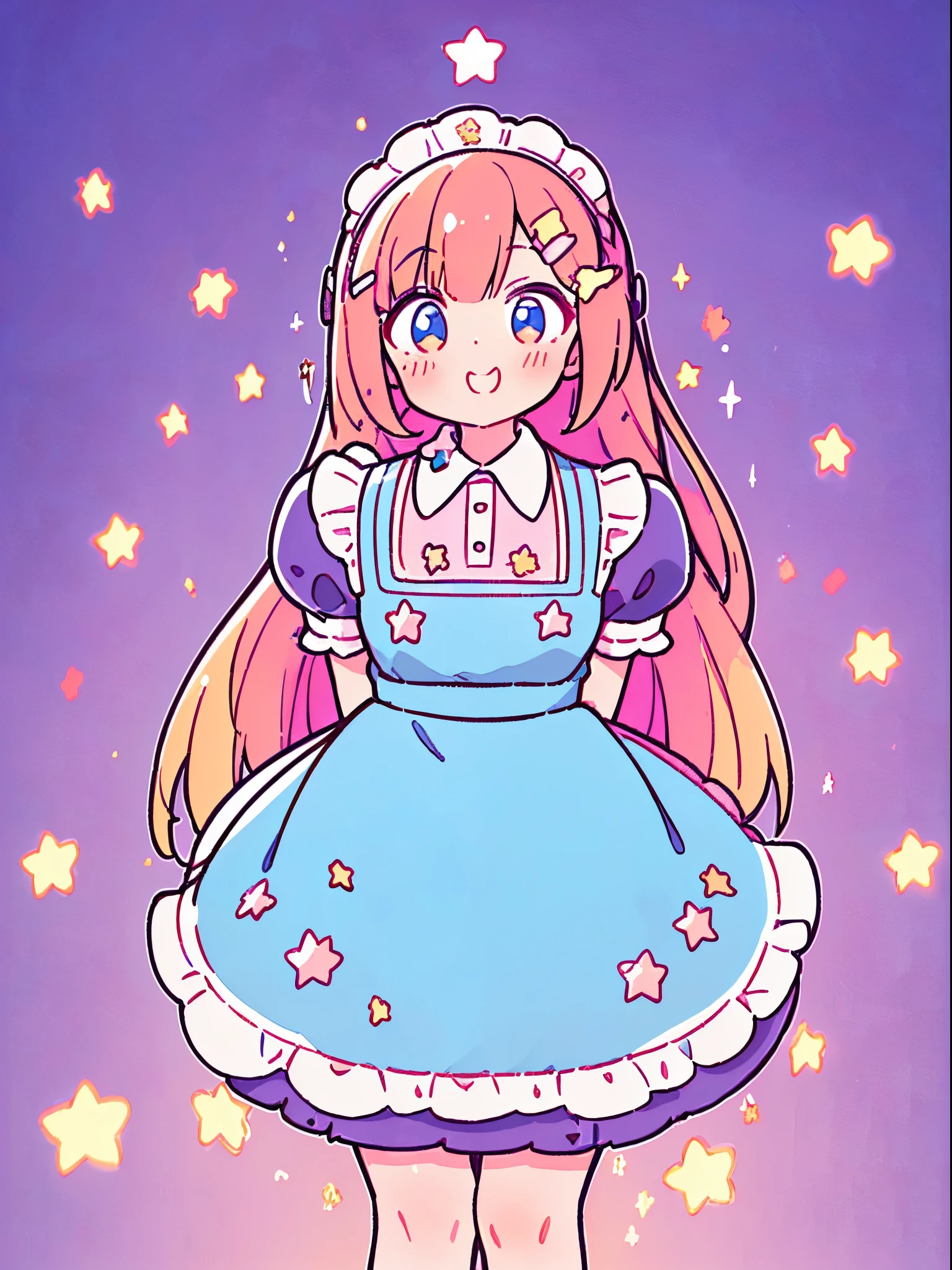 (masterpiece:1.2), best quality, highres, original, (extremely detailed:1.2), ultra-detailed, wallpaper, perfect lighting,(extremely detailed CG:1.2), 8k, (cute illustration, cute style, kawaii), 1girl, solo, maid, long hair, (multicolored hair, open the mouth, laughing, happy, maid hairbrand, star hairclip, maid dress, apron, short sleeves, arms behind back:1.24), close-up, dreamlike background, cute background