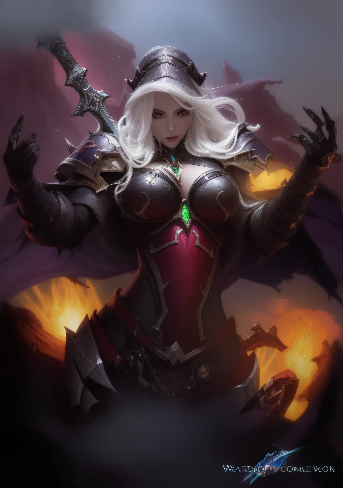 Woman with white hair and sword on dark background, sylvanas windrunner, World of Warcraft splash art, World of Warcraft art, world of warcraft concept art, World of Warcraft art style, Blizzard Warcraft Artwork, Blizzard game concept art, wlop and artgerm, hearthstone concept art, dark witch, blizzard concept art