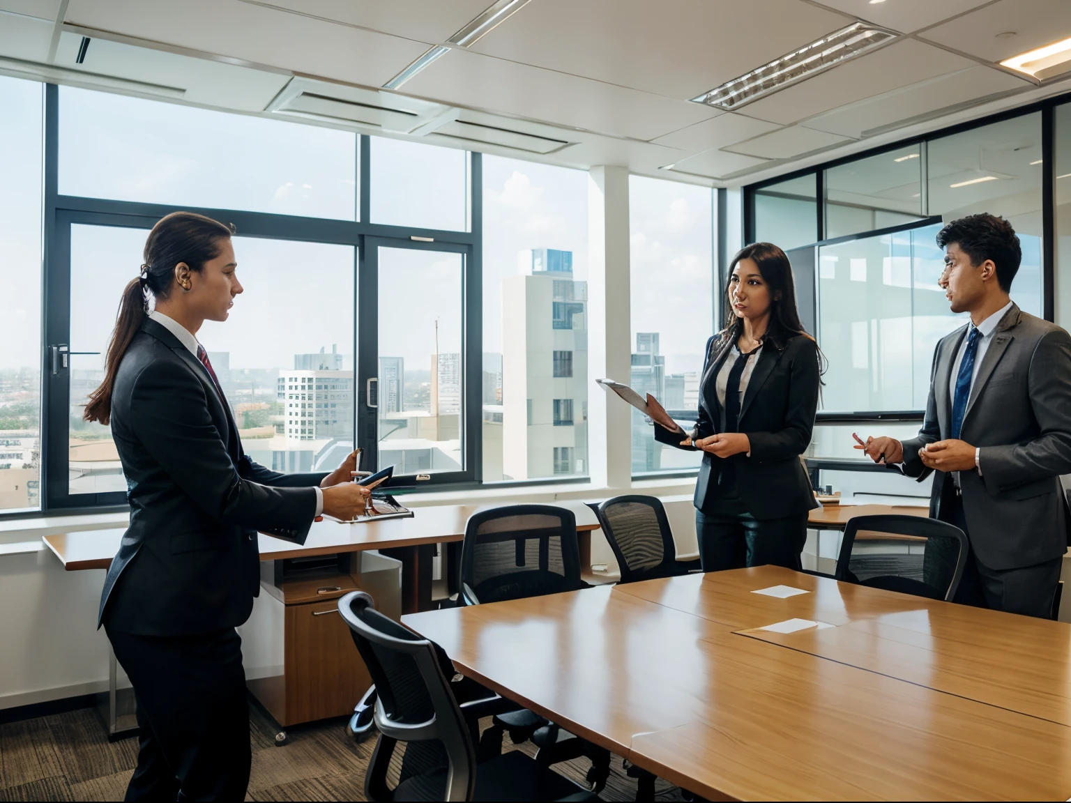 businesspeople,meetingroom,conference,[professional:1.1],businesspeople,suits,ties,presentation,whiteboard,[formal:1.1],serious discussion,handshakes,[focus:0.9],brainstorming,decision-making,teamwork,corporate environment,successful,[collaborative:1.1],[productive:1.1],efficient,[modern:1.1],[elegant:1.1],[bright:1.1],[clean:1.1],natural light,office building,[spacious:1.1],multicultural,[diverse:1.1],progressive,[dynamic:1.1],[inspiring:1.1],[innovative:1.1],[creative:1.1],[motivated:1.1],[positive:1.1],positive atmosphere,heights of business success