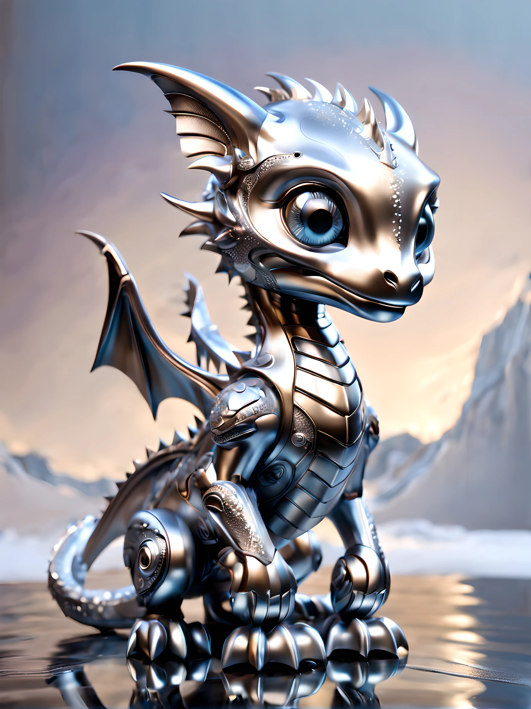 A charmingly adorable baby dragon with a kawaii twist is depicted in this metallic silver robot. The intricately designed robot showcases the small dragon with its metallic silver scales gleaming in the light. Its petite size adds to the cuteness factor, while the metallic silver hue gives it a futuristic touch. This mesmerizing image, whether a digital artwork or a detailed sculpture, captivates viewers with its impeccable details and high-quality craftsmanship.