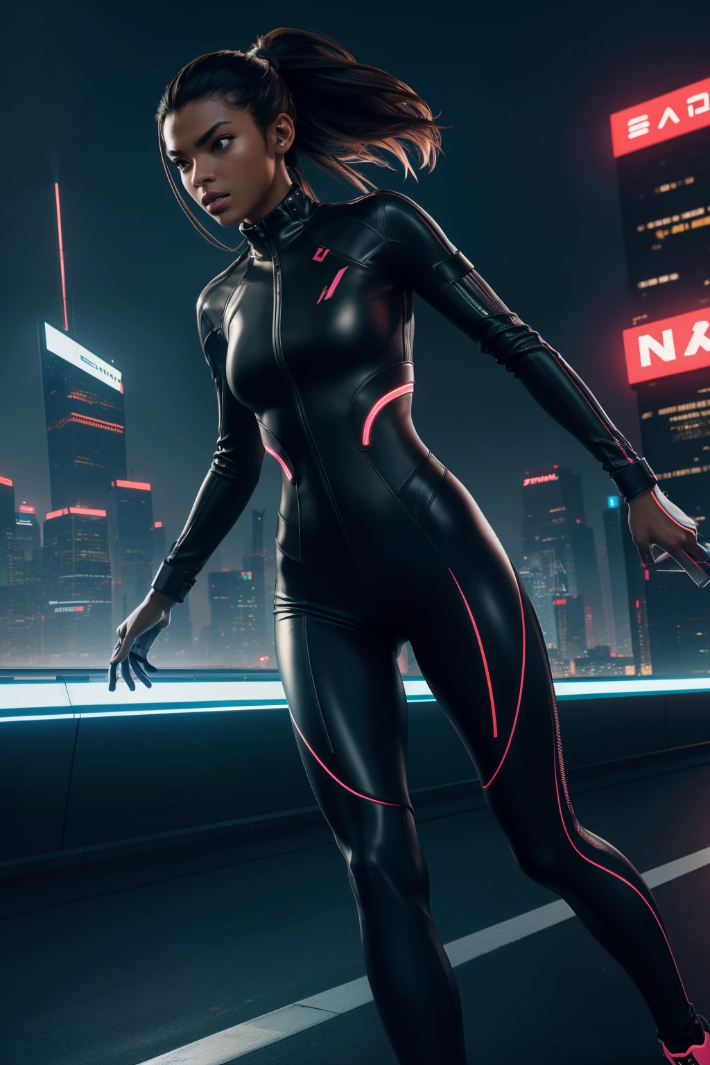 "Generate a top-quality, 8K masterpiece:1.3. A photo of an impassioned, determined athlete sprinting, clad in sleek, futuristic sportswear, on a futuristic cityscape background taken with an ultra-wide 14mm camera lens. The scene showcases highly detailed textures, dynamic skin tones, and utilizes futuristic neon lighting for a cyberpunk ambiance."