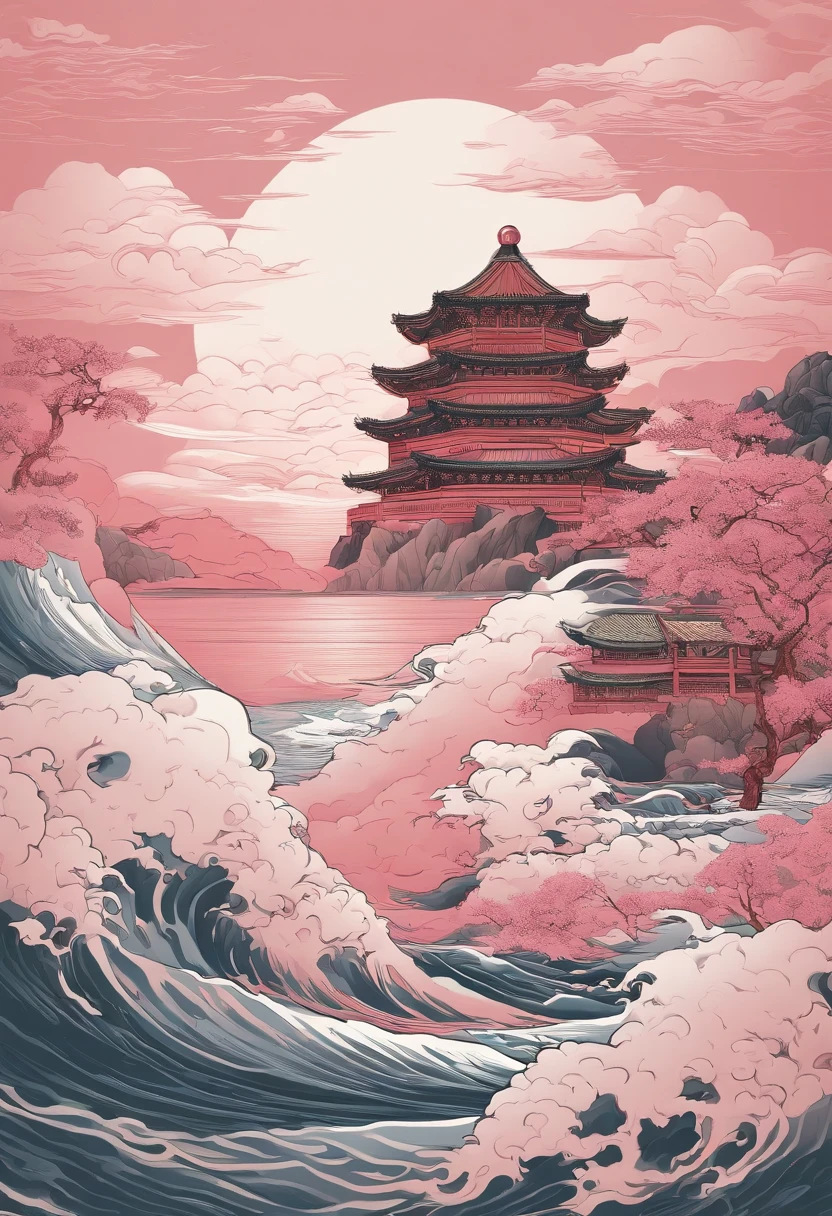 This ukiyo-e style poster design features a pink ocean, Pink Chinese dragon in ink painting, and a combination of dragons, As a water god, Dragon King, Living in the North Sea, Control thunderstorms at sea,Soaring in the sea of clouds,an ancient Chinese god, turtle, drank, The large, Stony, Super sharp,Realistic details,Auspicious clouds, depth of fields, Divine Thunder, fantasy coloring, romanticism lain, artistic décor, 电影灯光, depth of fields, spark of light, god light, ray traycing, ultra-wide-angle, first person perspective, wide wide shot, hyper HD, high high quality, high detal, ctextured skin, Best quality