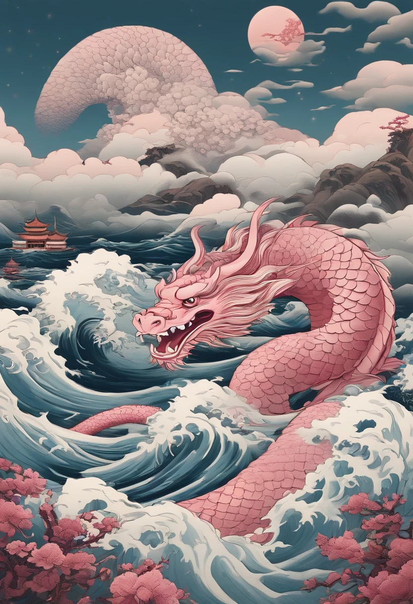 This ukiyo-e style poster design features a pink ocean, Pink Chinese dragon in ink painting, and a combination of dragons, As a water god, Dragon King, Living in the North Sea, Control thunderstorms at sea,Soaring in the sea of clouds,an ancient Chinese god, turtle, drank, The large, Stony, Super sharp,Realistic details,Auspicious clouds, depth of fields, Divine Thunder, fantasy coloring, romanticism lain, artistic décor, 电影灯光, depth of fields, spark of light, god light, ray traycing, ultra-wide-angle, first person perspective, wide wide shot, hyper HD, high high quality, high detal, ctextured skin, Best quality