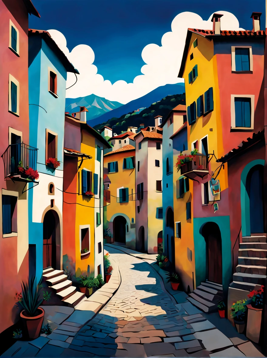 Small Italian village, Kandinsky style, in the Picasso style, iintricate, extremly high detail