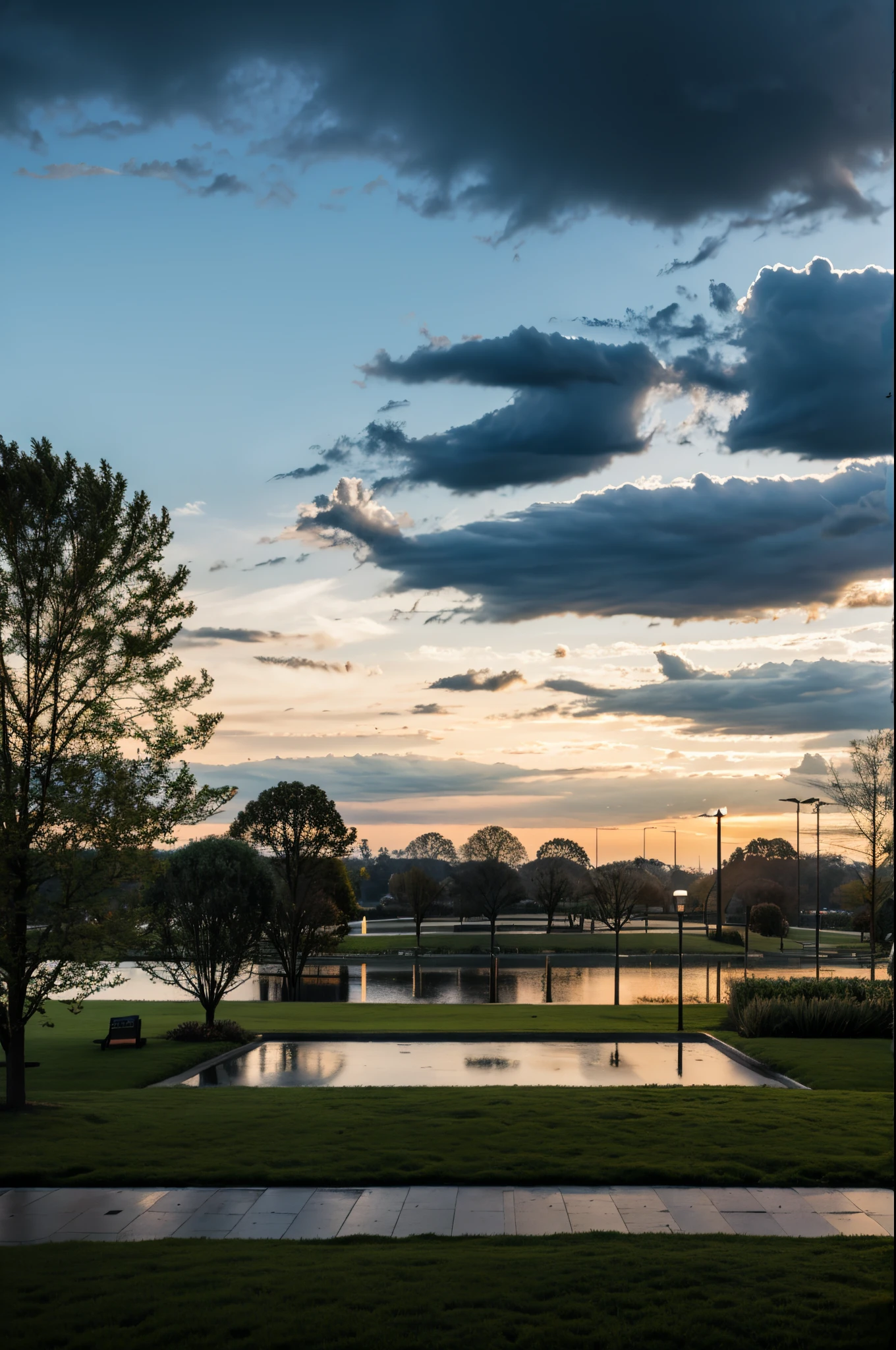 city park, grassy field, night, windy, cloudy, beautiful scenery,