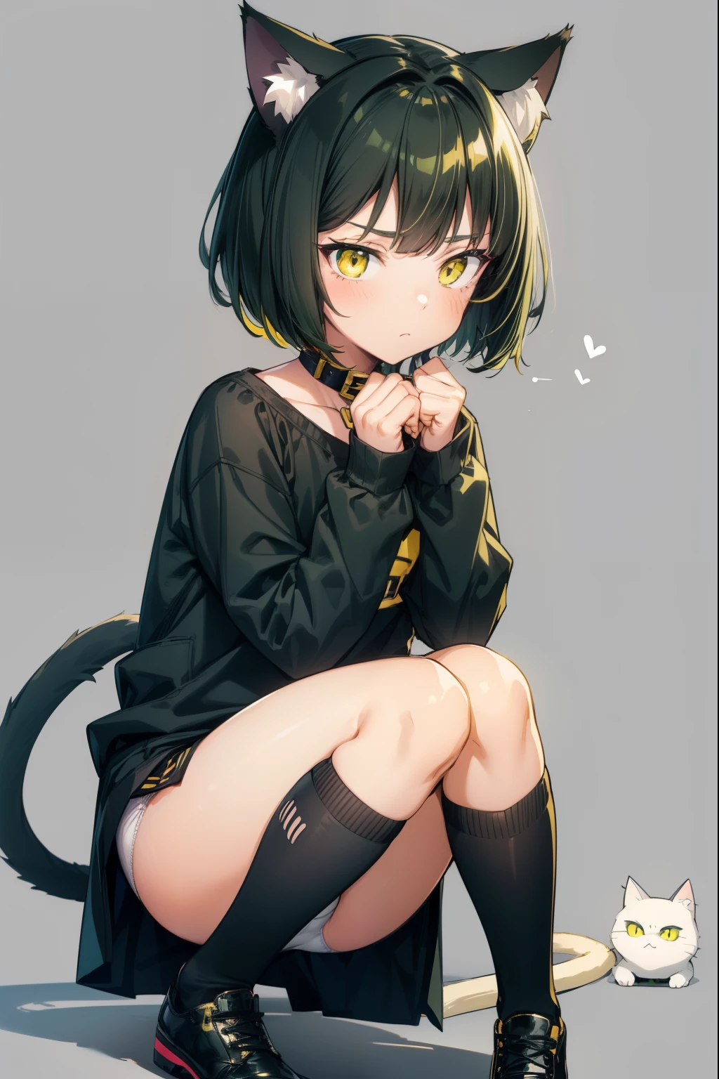 cute girl, Short dark green hair, yellow eyes, cat ears, cat collar, cat tail, cat hands, cat legs, underwear, adult girl, Superhero clothes