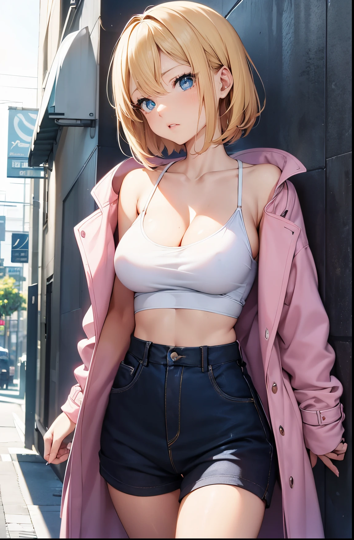 2D Anime Style、Blue eyes、Beautiful shining eyes, (Talented lo-fi:1.3),breasts are slightly larger、high and beautiful nose,Beautiful profile with a slender outline,A cool adult woman with short blonde hair and a troubled expression......................、Facing to the side,Biting your lip,Fashion that shows your stomach and cleavage, he is wearing a pink top and shorts、and is wearing a long coat。。。。。。..,walking down the streets of america,