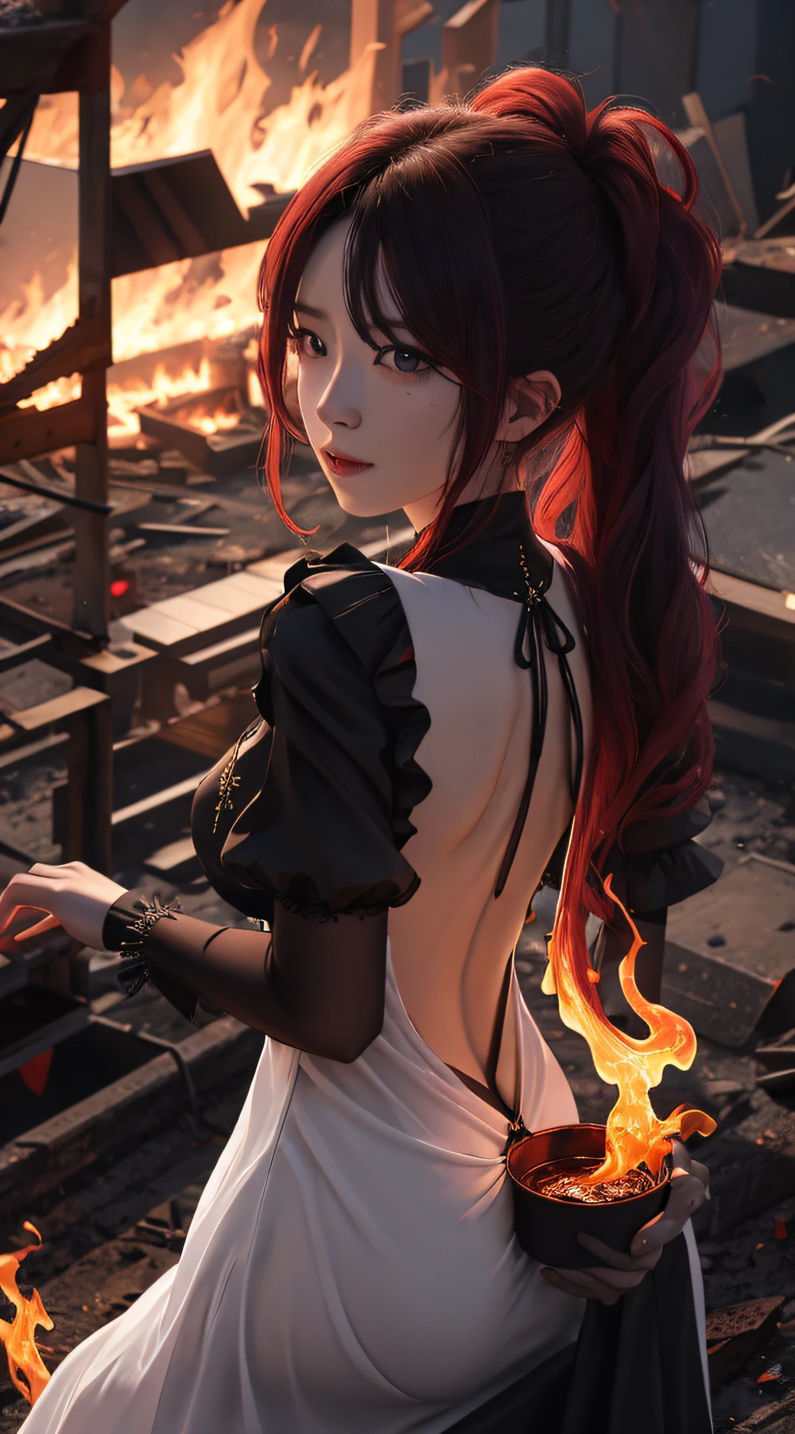 (Highly detailed 8k wallpapers)+、Medium shot photo of a demonic sorcerer stirring fire in a destroyed village、Convoluted、high détails、Dramatic、masterpiece of best quality、Photorealsitic、detaileds、8K、nffsw、Back lighting、bloom、light glow、chromatic abberation、Gorgeous with sharp focus、Beautiful woman wearing a dignified dress