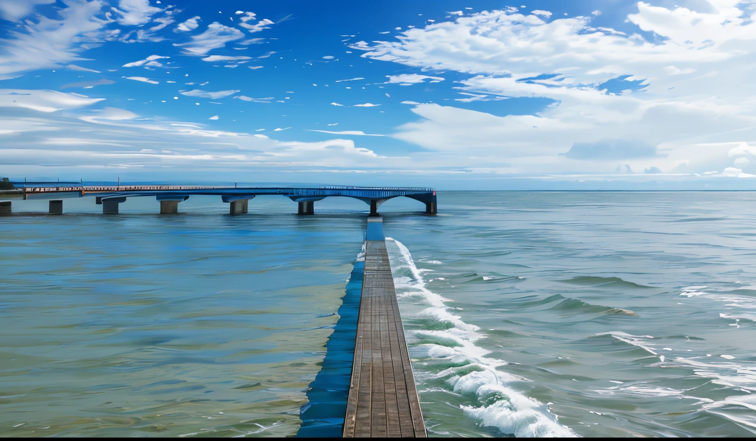 The water is quiet on one side of the bridge,Stormy waves on the other side