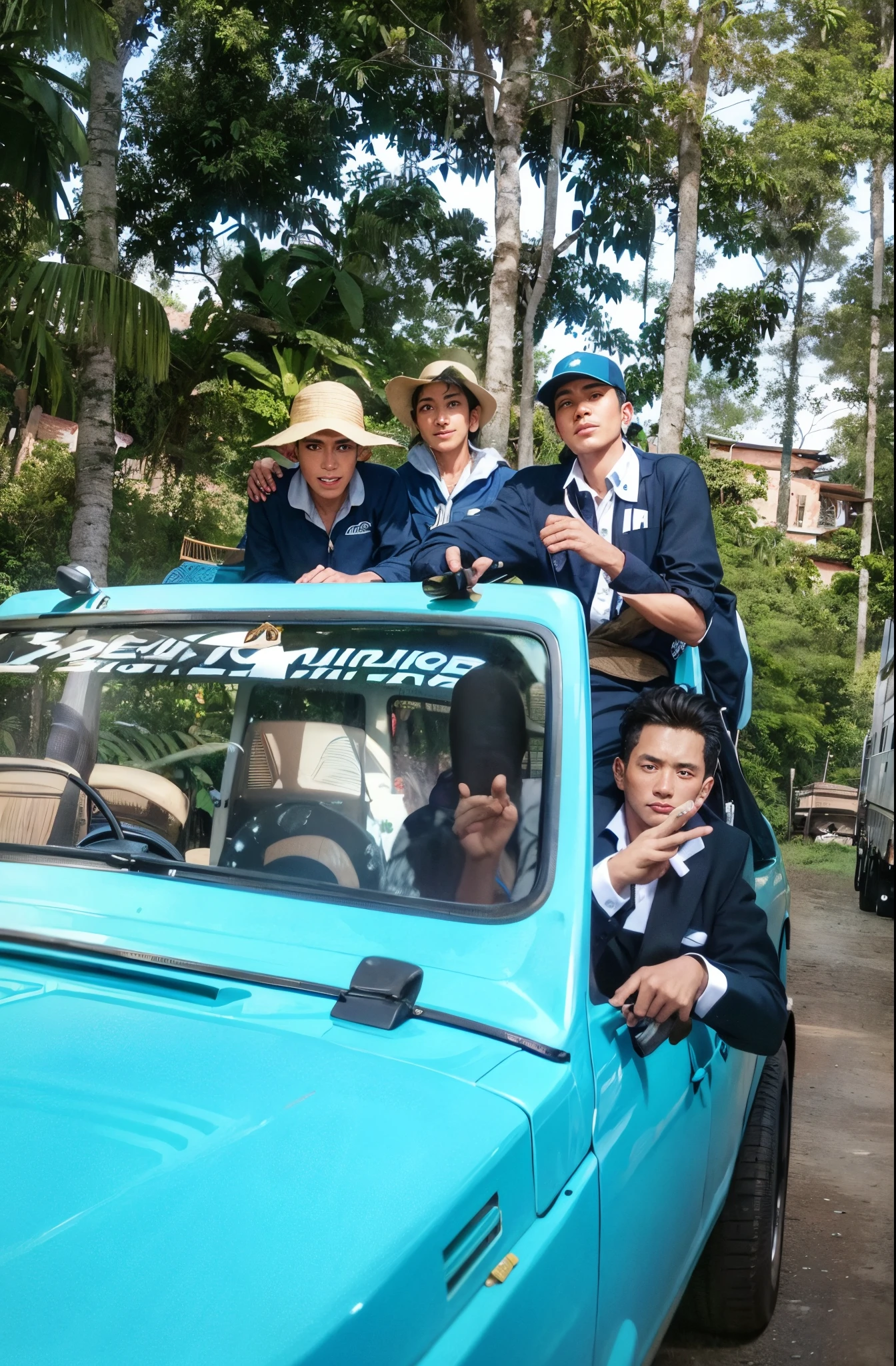 several people are posing in the back of a blue truck, posing for camera, touring, masterpiece work of art, cool looking, in jungle, sumatraism, in jungle forest !!!, outdoor, wining, trailer, awarding winning, barong family, adventure, cambodia, exclusive, diy, four legged, bali, road trip, motivational, with horse driven