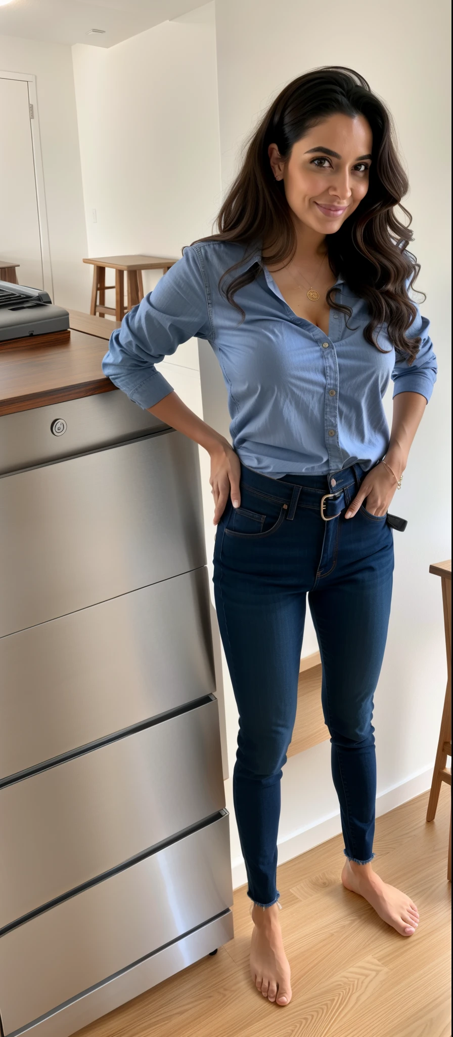 there is a woman standing in a room with a table and a computer, tiro do meio cintura para cima, roupa apertada, thicc, jeans preto extremamente apertado, cintura - tiro, hand on hips, com dois bolsos frontais, her hand is on her waist, tiny waist, wearing only pants, usando roupas simples e apertadas, coldre, Holding arms in holsters