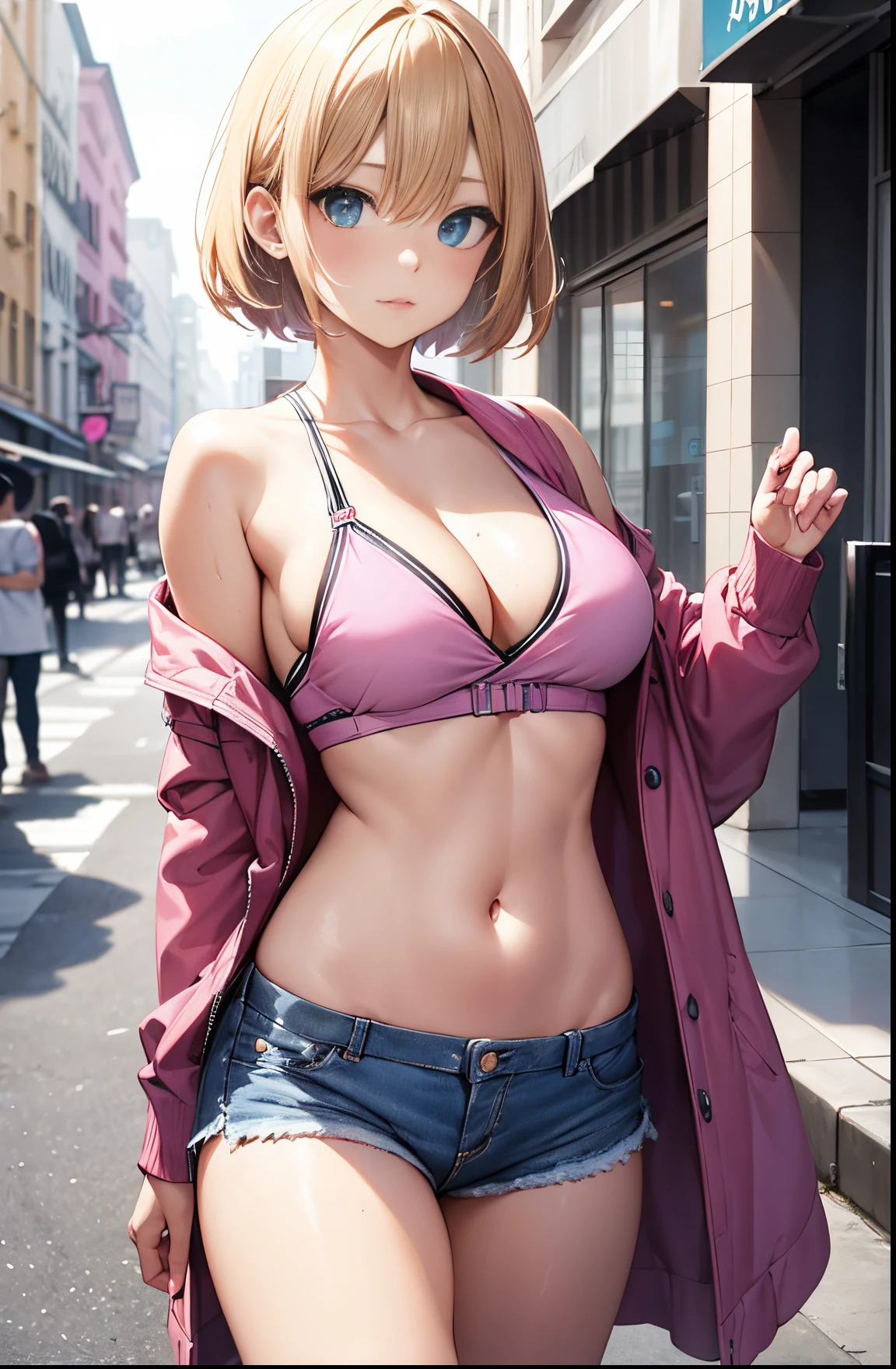 2D Anime Style、Blue eyes、Beautiful shining eyes, (Talented lo-fi:1.3),breasts are slightly larger、high and beautiful nose,Beautiful profile with a slender outline,A cool adult woman with short blonde hair and a troubled expression......................、Facing to the side,Fashion that shows your stomach and cleavage, he is wearing a pink top and shorts、and is wearing a long coat。。。。。。..,walking down the streets of america,