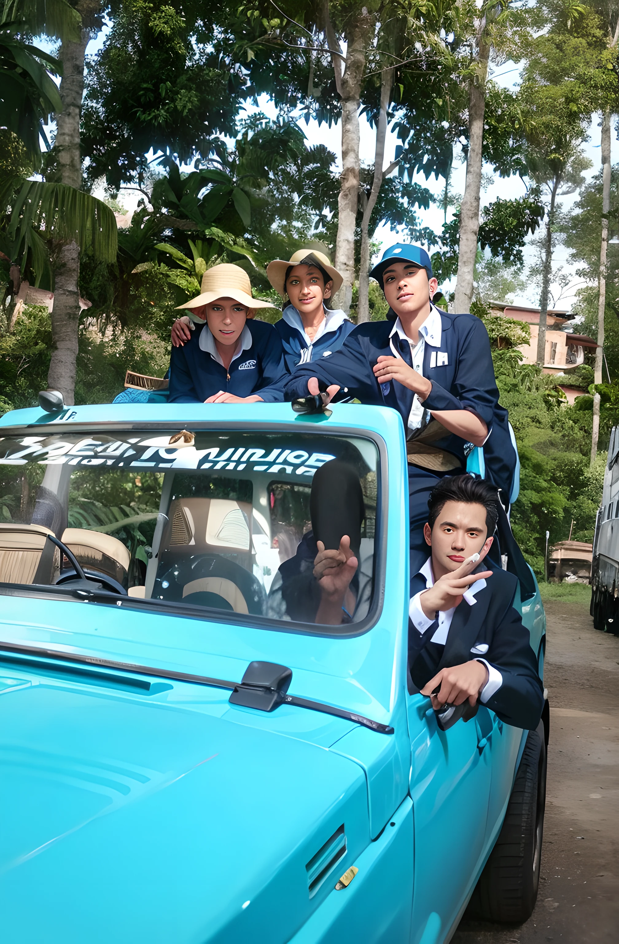 several people are posing in the back of a blue truck, posing for camera, touring, masterpiece work of art, cool looking, in jungle, sumatraism, in jungle forest !!!, outdoor, wining, trailer, awarding winning, barong family, adventure, cambodia, exclusive, diy, four legged, bali, road trip, motivational, with horse driven