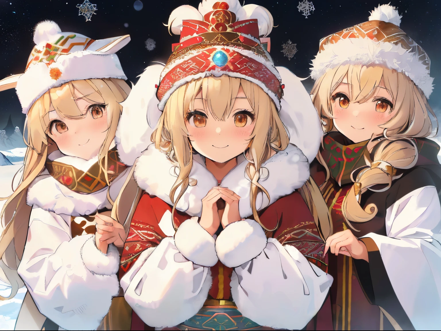 (Fluffy long blonde hair),(Curled Hair),((Thin blonde hair)),((Brown eyes)),(Mongolian winter folk costumes),((Fluffy volume bohemian winter clothes)),((eskimo hat)),(A place like Antarctica covered in ice),(Lots of cute animals such as penguins and seals),(Cute pose with both hands on cheeks),(Cute smile),((My cheeks are red from the cold)),