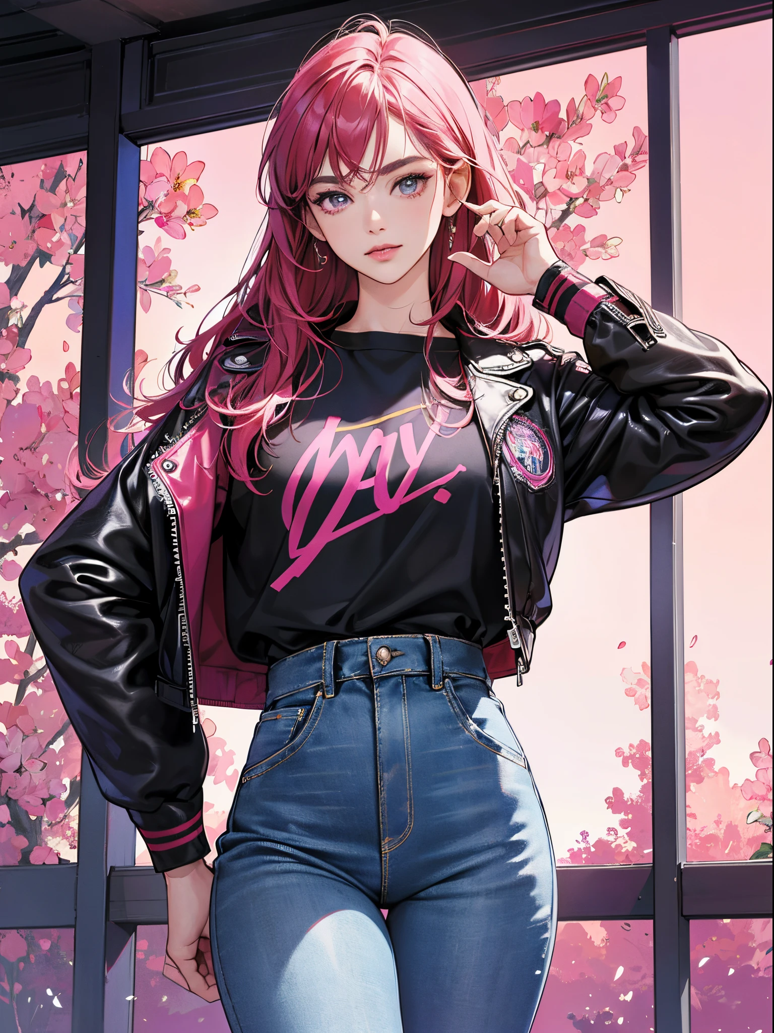 magenta keynote、Vibrant colors、((​masterpiece)))、(((top-quality)))、((ultra-detailliert))、(A hyper-realistic)、(highly detailed CGillustration）、Official art、CD cover、It will be、Mid summer、Stylish、glorious 1980s、Cool Beauty、cochetti gorgeous、matchless beauty、leather jackets、jeans、Female Solo、Perfect Angle、perfect-composition、