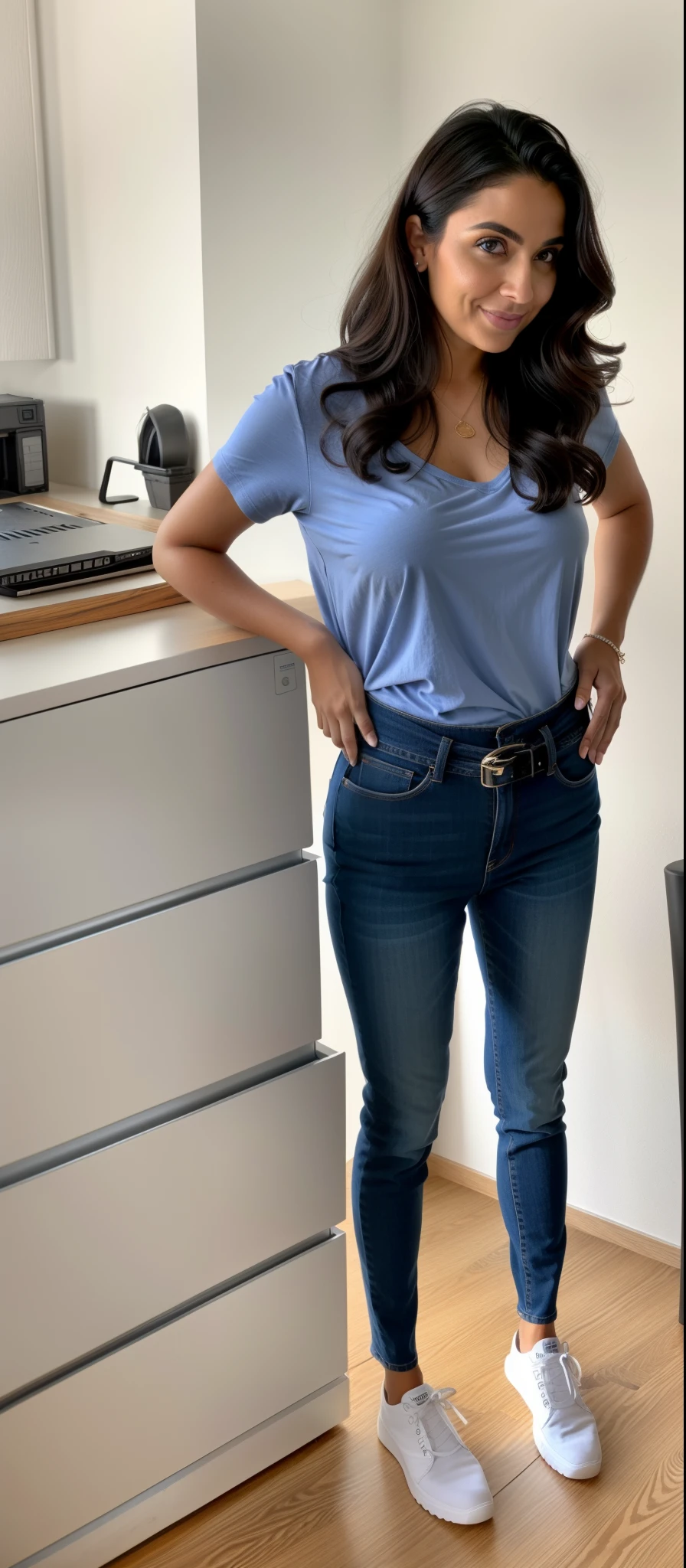 there is a woman standing in a room with a table and a computer, tiro do meio cintura para cima, roupa apertada, thicc, jeans preto extremamente apertado, cintura - tiro, hand on hips, com dois bolsos frontais, her hand is on her waist, tiny waist, wearing only pants, usando roupas simples e apertadas, coldre, Holding arms in holsters