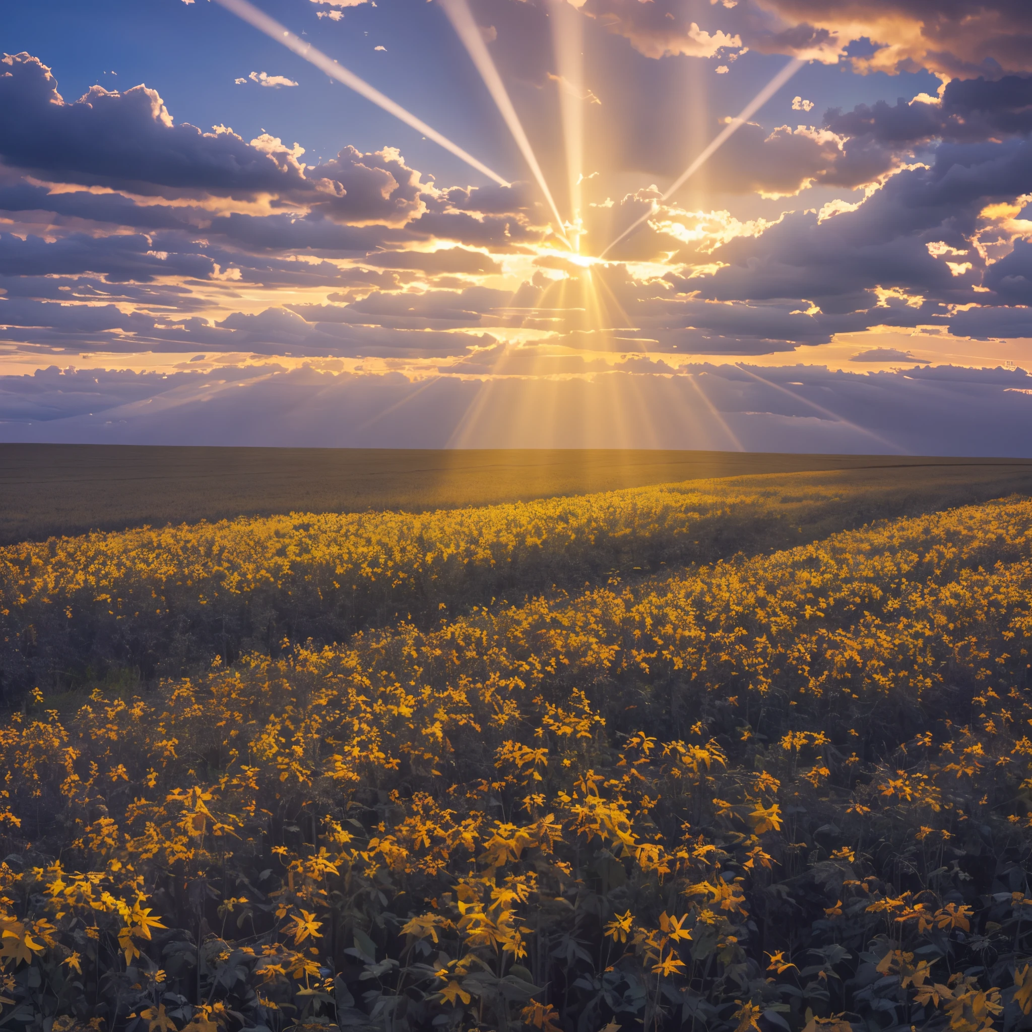 Rays of light from all directions come out of the clouds, and the beam is yellow