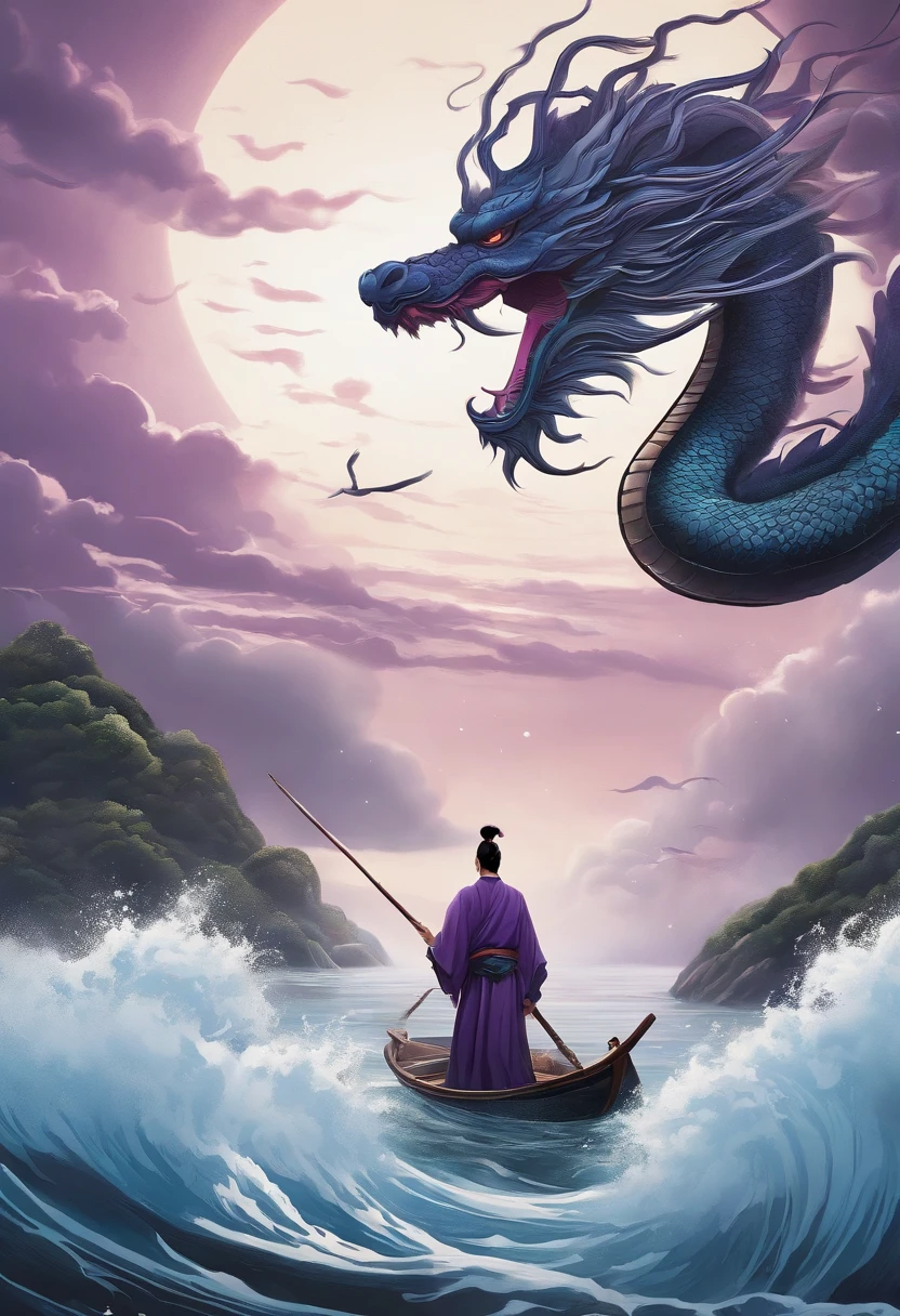This ukiyo-e style poster design features a purple ocean, Purple Chinese dragon in ink painting, and a combination of dragons, As a water god, Dragon King, Living in the North Sea, Control thunderstorms at sea,Soaring in the sea of clouds,an ancient Chinese god, turtle, drank, The large, Stony, Super sharp,Realistic details,Auspicious clouds, depth of fields, Divine Thunder, fantasy coloring, romanticism lain, artistic décor, 电影灯光, depth of fields, spark of light, god light, ray traycing, ultra-wide-angle, first person perspective, wide wide shot, hyper HD, high high quality, high detal, ctextured skin, Best quality